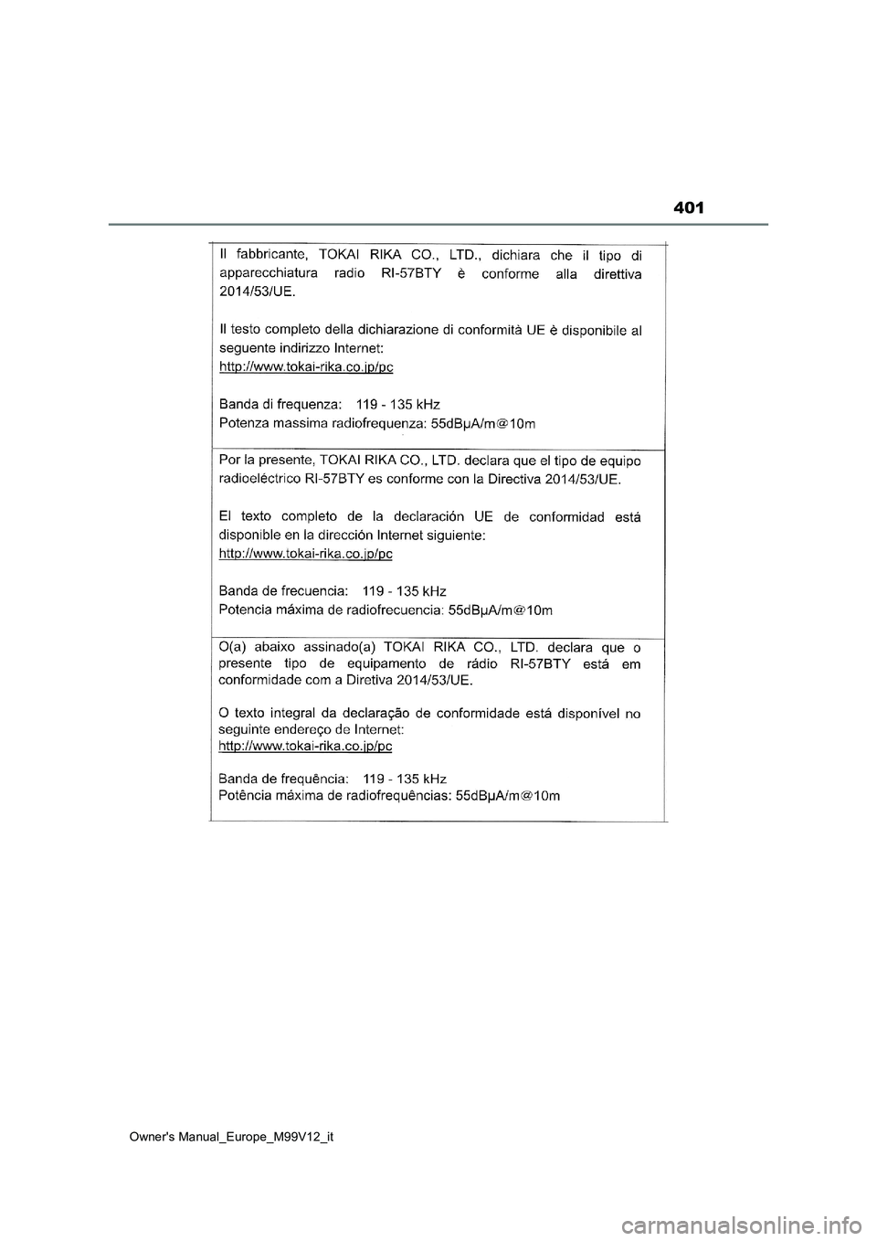 TOYOTA AYGO X 2022 Manuale duso (in Italian) 401
Owner's Manual_Europe_M99V12_it TOYOTA AYGO X 2022 Manuale duso (in Italian) 401
Owner's Manual_Europe_M99V12_it