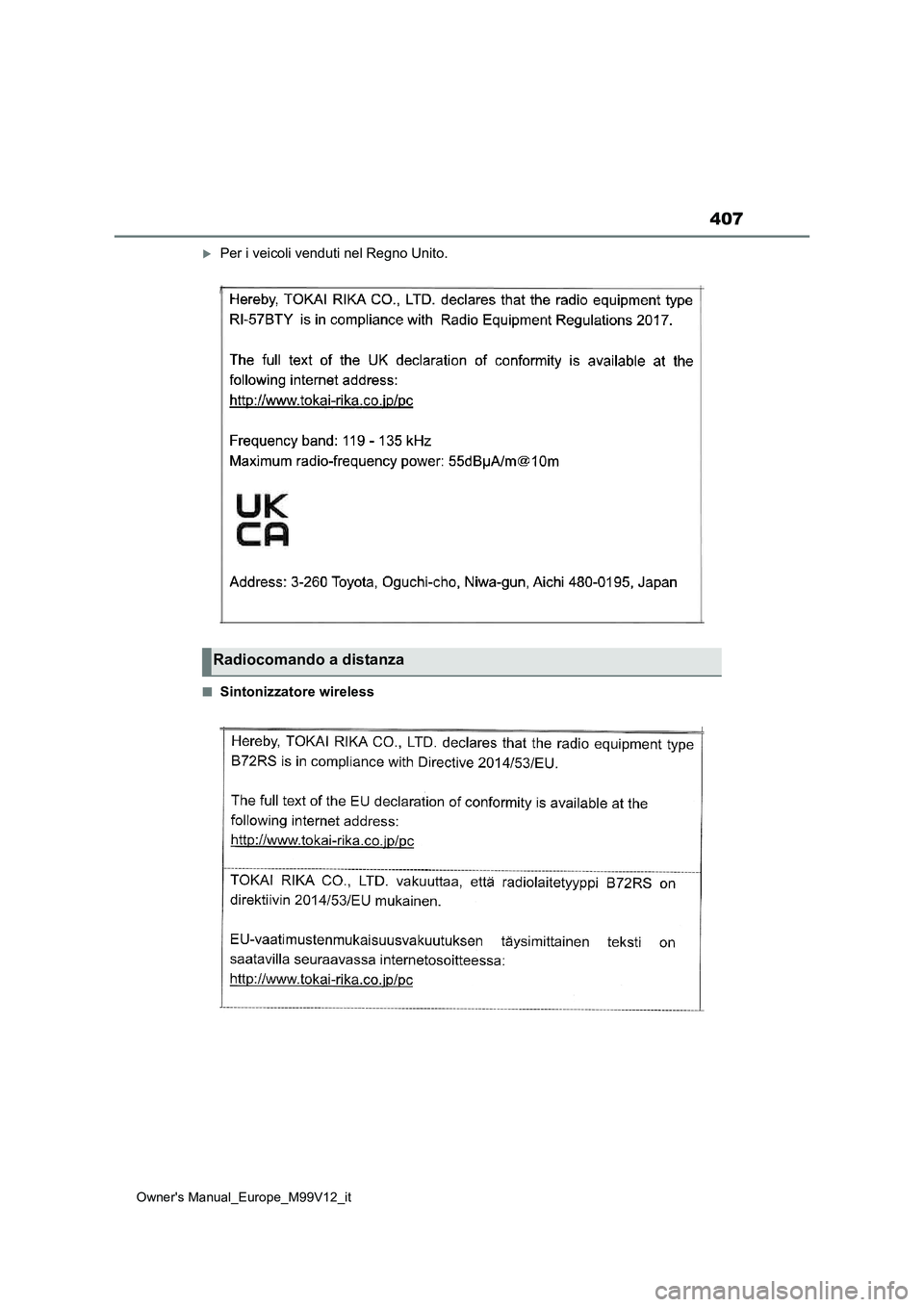 TOYOTA AYGO X 2022 Manuale duso (in Italian) 407
Owner's Manual_Europe_M99V12_it
Per i veicoli venduti nel Regno Unito.
■Sintonizzatore wireless
Radiocomando a distanza TOYOTA AYGO X 2022 Manuale duso (in Italian) 407
Owner's Manual_Europe_M99V12_it
Per i veicoli venduti nel Regno Unito.
■Sintonizzatore wireless
Radiocomando a distanza