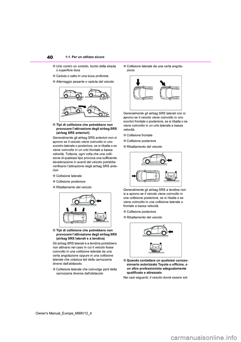TOYOTA AYGO X 2022  Manuale duso (in Italian) 40
Owner's Manual_Europe_M99V12_it
1-1. Per un utilizzo sicuro
●Urto contro un cordolo, bordo della strada  o superficie dura
●Caduta o salto in una buca profonda
●Atterraggio pesante o cadu