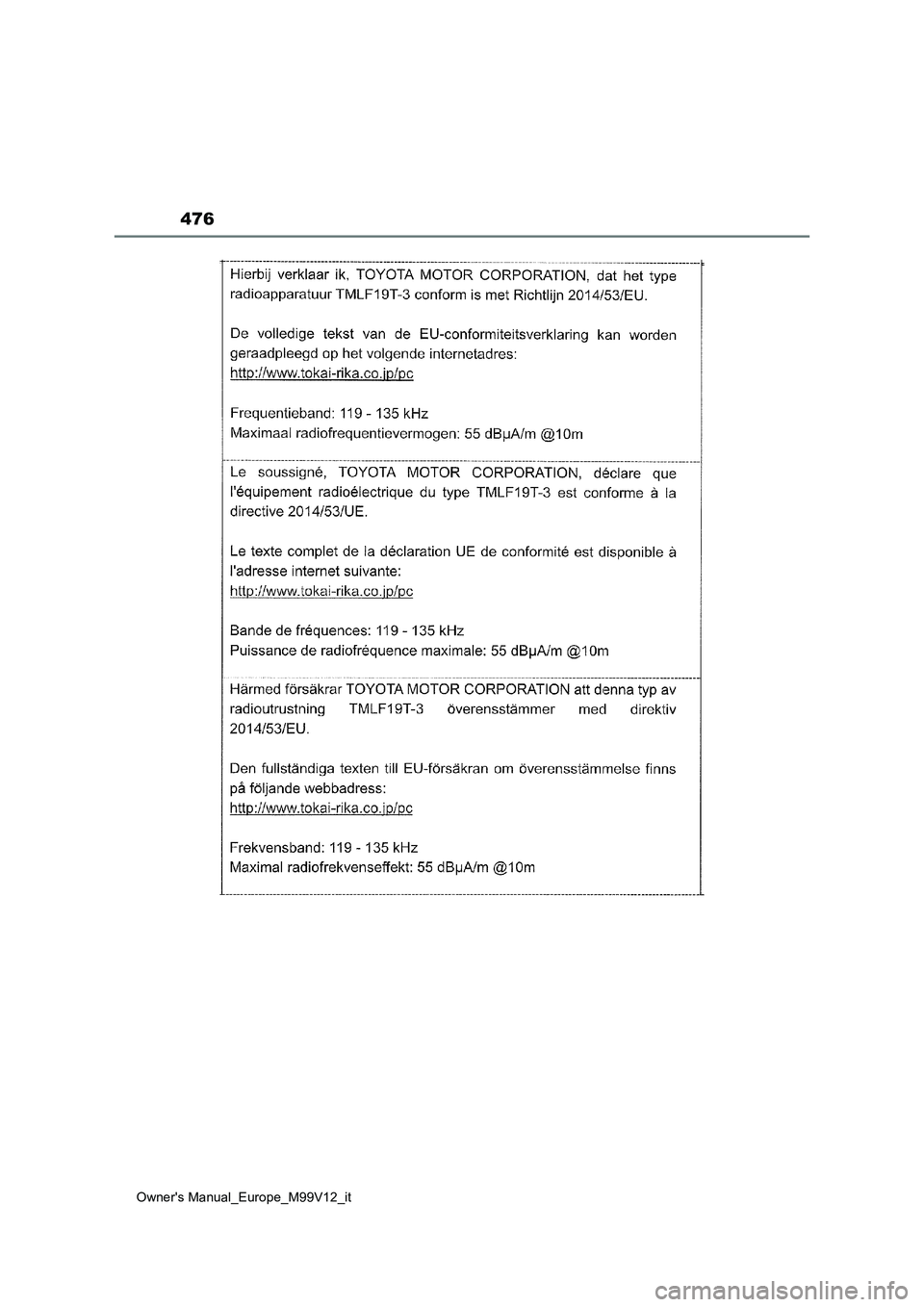 TOYOTA AYGO X 2022 Manuale duso (in Italian) 476
Owner's Manual_Europe_M99V12_it TOYOTA AYGO X 2022 Manuale duso (in Italian) 476
Owner's Manual_Europe_M99V12_it