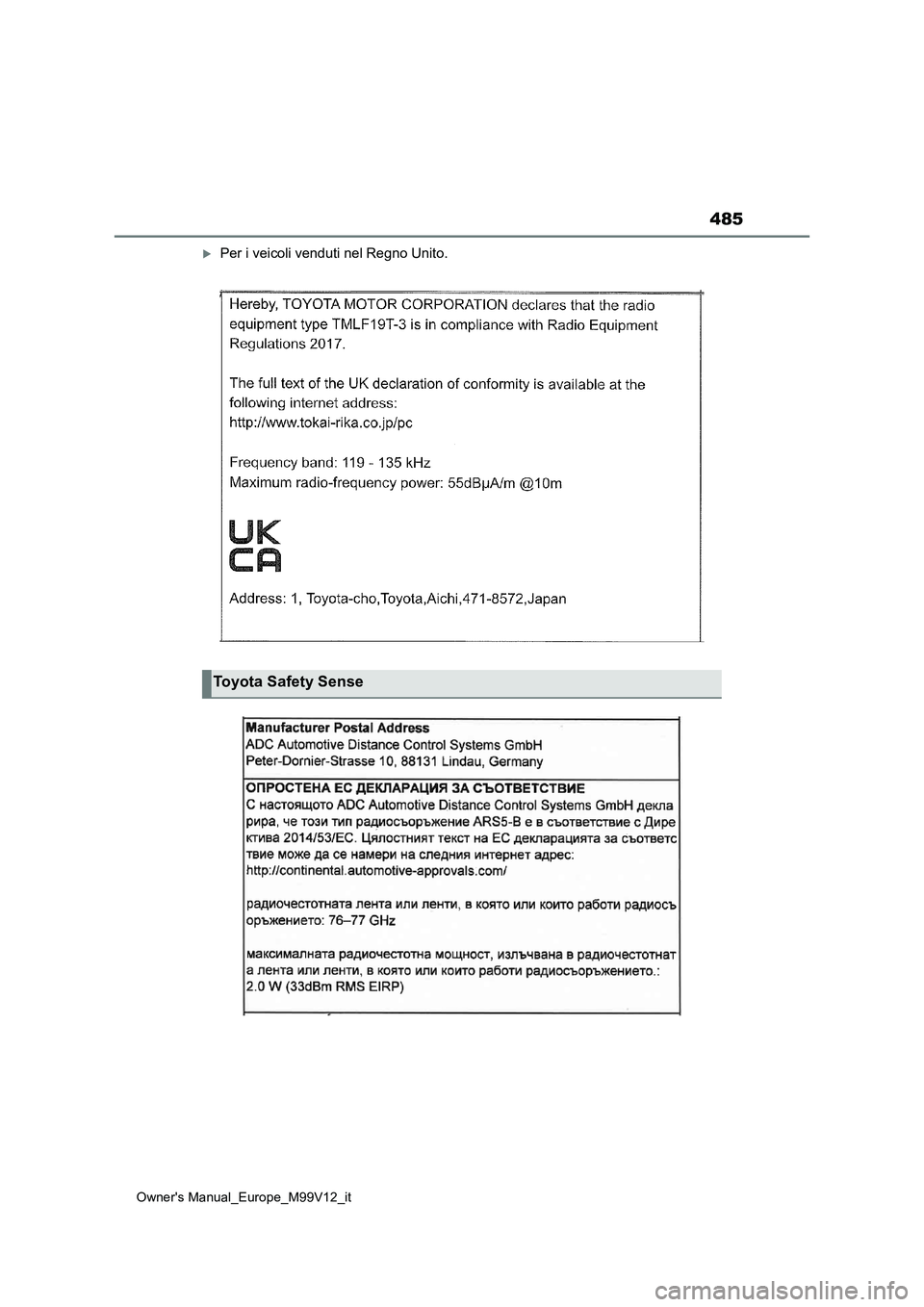 TOYOTA AYGO X 2022 Manuale duso (in Italian) 485
Owner's Manual_Europe_M99V12_it
Per i veicoli venduti nel Regno Unito.
Toyota Safety Sense TOYOTA AYGO X 2022 Manuale duso (in Italian) 485
Owner's Manual_Europe_M99V12_it
Per i veicoli venduti nel Regno Unito.
Toyota Safety Sense