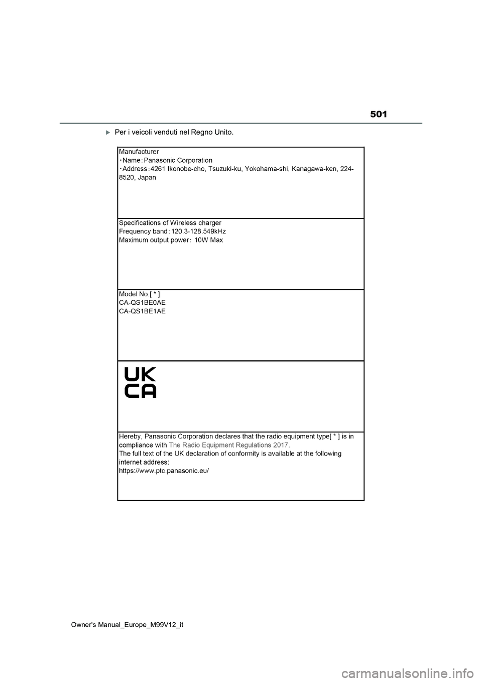 TOYOTA AYGO X 2022 Manuale duso (in Italian) 501
Owner's Manual_Europe_M99V12_it
Per i veicoli venduti nel Regno Unito. TOYOTA AYGO X 2022 Manuale duso (in Italian) 501
Owner's Manual_Europe_M99V12_it
Per i veicoli venduti nel Regno Unito.