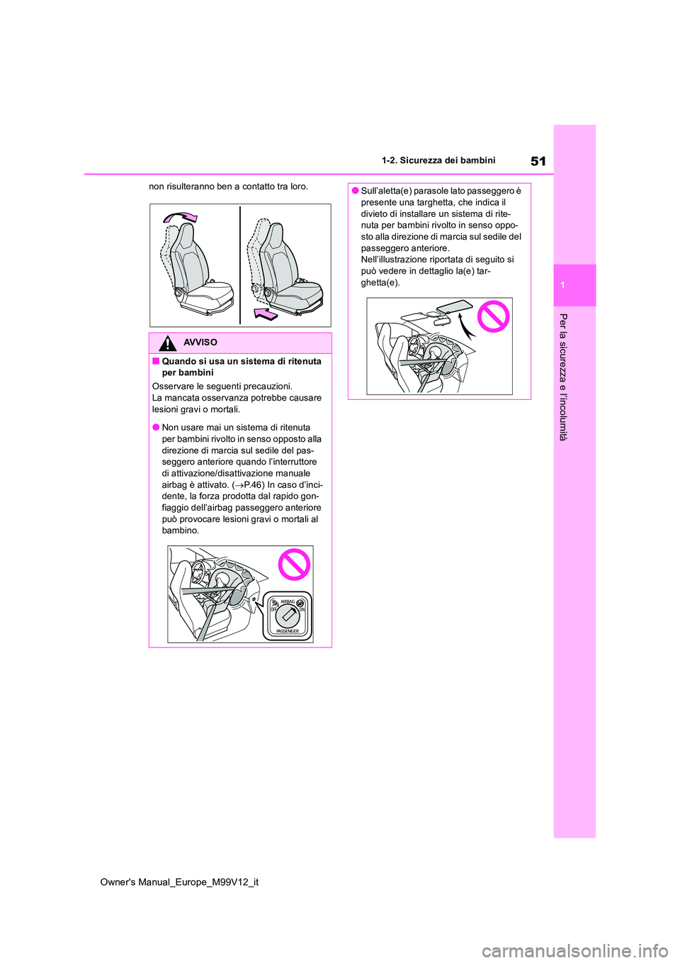TOYOTA AYGO X 2022  Manuale duso (in Italian) 51
1
Owner's Manual_Europe_M99V12_it
1-2. Sicurezza dei bambini
Per la sicurezza e l’incolumità
non risulteranno ben a contatto tra loro.
AVVISO
■Quando si usa un sistema di ritenuta  per bam