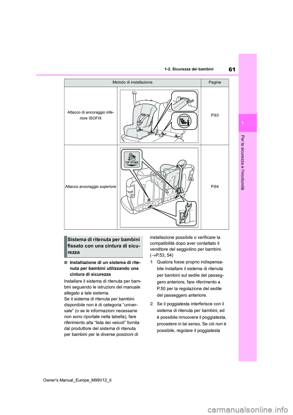 TOYOTA AYGO X 2022 Manuale duso (in Italian) 61
1
Owner's Manual_Europe_M99V12_it
1-2. Sicurezza dei bambini
Per la sicurezza e l’incolumità
■Installazione di un sistema di rite-
nuta per bambini utilizzando una
cintura di sicurezza
TOYOTA AYGO X 2022 Manuale duso (in Italian) 61
1
Owner's Manual_Europe_M99V12_it
1-2. Sicurezza dei bambini
Per la sicurezza e l’incolumità
■Installazione di un sistema di rite-
nuta per bambini utilizzando una
cintura di sicurezza