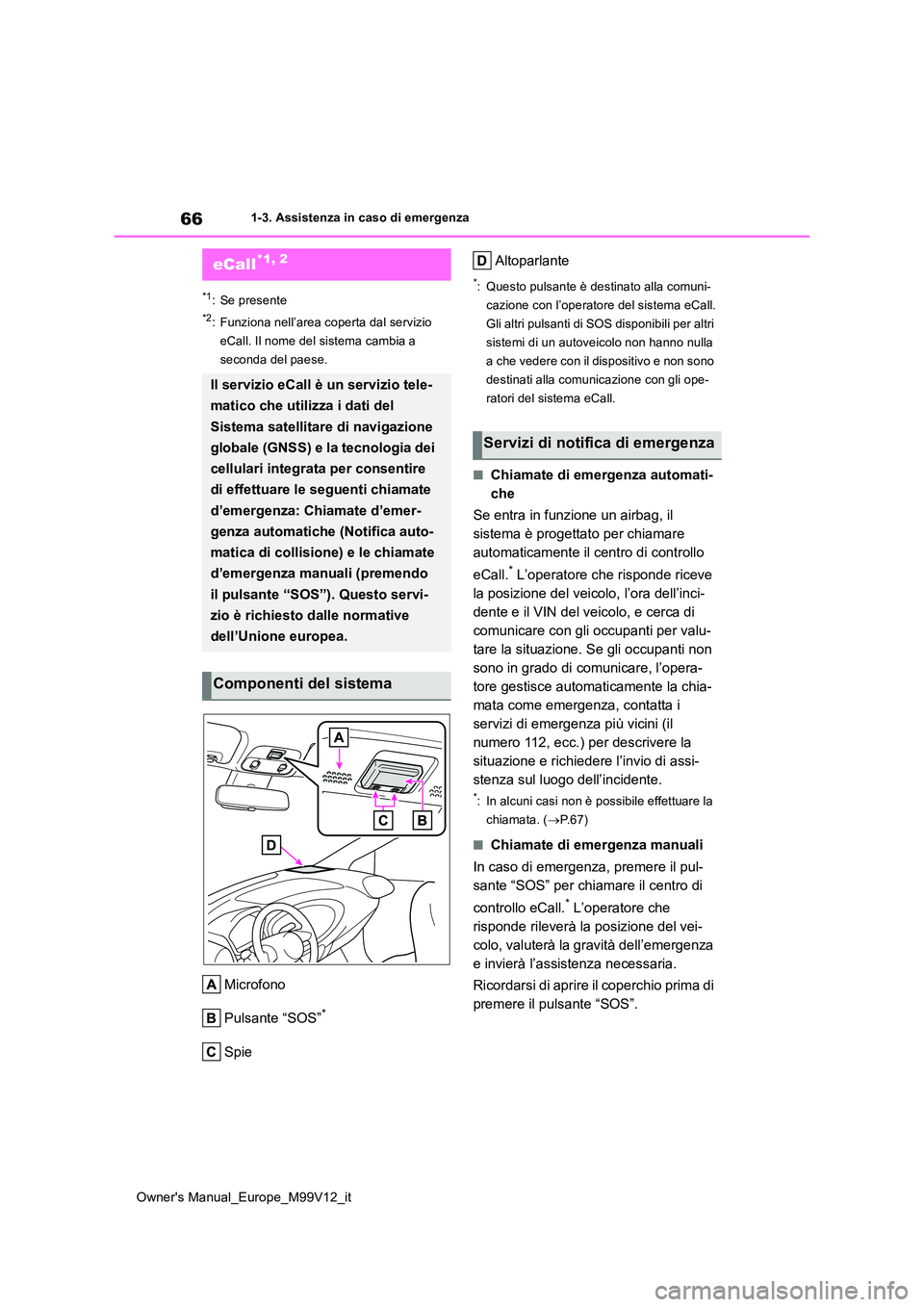 TOYOTA AYGO X 2022 Manuale duso (in Italian) 66
Owner's Manual_Europe_M99V12_it
1-3. Assistenza in caso di emergenza
1-3.Assistenz a in cas o d i emergenz a
*1: Se presente
*2: Funziona nell’area coperta dal servizio
eCall. Il nome del s TOYOTA AYGO X 2022 Manuale duso (in Italian) 66
Owner's Manual_Europe_M99V12_it
1-3. Assistenza in caso di emergenza
1-3.Assistenz a in cas o d i emergenz a
*1: Se presente
*2: Funziona nell’area coperta dal servizio
eCall. Il nome del s