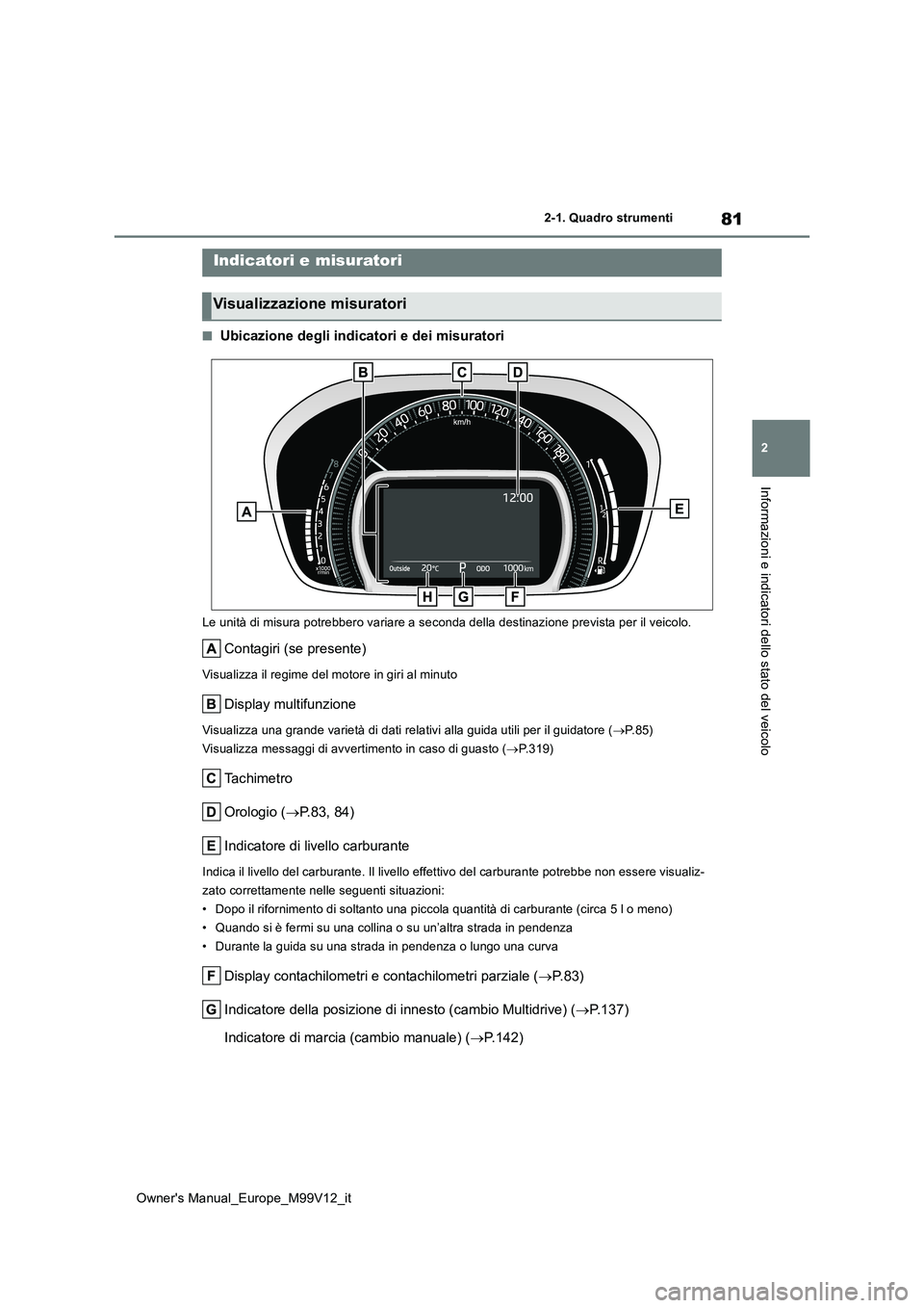 TOYOTA AYGO X 2022 Manuale duso (in Italian) 81
2
Owner's Manual_Europe_M99V12_it
2-1. Quadro strumenti
Informazioni e indicatori dello stato del veicolo
■Ubicazione degli indicatori e dei misuratori
Le unità di misura potrebbero variare TOYOTA AYGO X 2022 Manuale duso (in Italian) 81
2
Owner's Manual_Europe_M99V12_it
2-1. Quadro strumenti
Informazioni e indicatori dello stato del veicolo
■Ubicazione degli indicatori e dei misuratori
Le unità di misura potrebbero variare