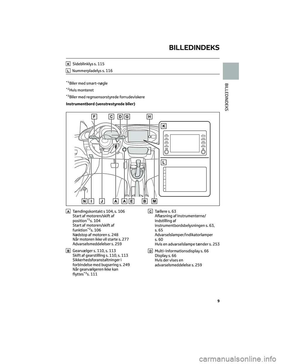 TOYOTA AYGO X 2022  Brugsanvisning (in Danish) KSideblinklys s. 115
LNummerpladelys s. 116
*1Biler med smart-nøgle
*2Hvis monteret
*3Biler med regnsensorstyrede forrudeviskere
Instrumentbord (venstrestyrede biler)
ATændingskontakt s 104, s. 106
