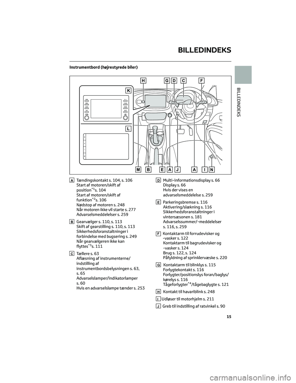 TOYOTA AYGO X 2022 Brugsanvisning (in Danish) Instrumentbord (højrestyrede biler)
ATændingskontakt s. 104, s. 106
Start af motoren/skift af
position
*1s. 104
Start af motoren/skift af
funktion
*2s. 106
Nødstop af motoren s. 248
Når motoren ik TOYOTA AYGO X 2022 Brugsanvisning (in Danish) Instrumentbord (højrestyrede biler)
ATændingskontakt s. 104, s. 106
Start af motoren/skift af
position
*1s. 104
Start af motoren/skift af
funktion
*2s. 106
Nødstop af motoren s. 248
Når motoren ik