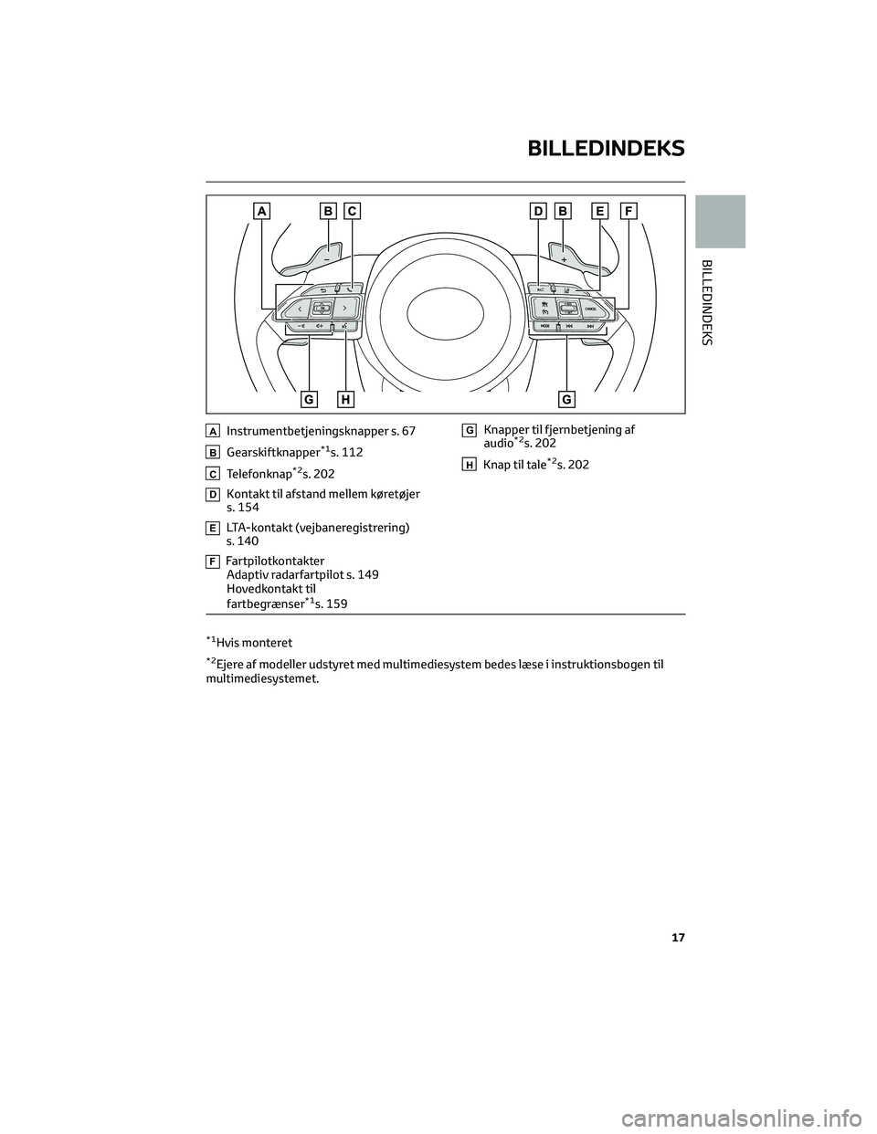 TOYOTA AYGO X 2022  Brugsanvisning (in Danish) AInstrumentbetjeningsknapper s. 67
BGearskiftknapper*1s. 112
CTelefonknap*2s. 202
DKontakt til afstand mellem køretøjer
s. 154
ELTA-kontakt (vejbaneregistrering)
s. 140
FFartpilotkontakter
Adaptiv r