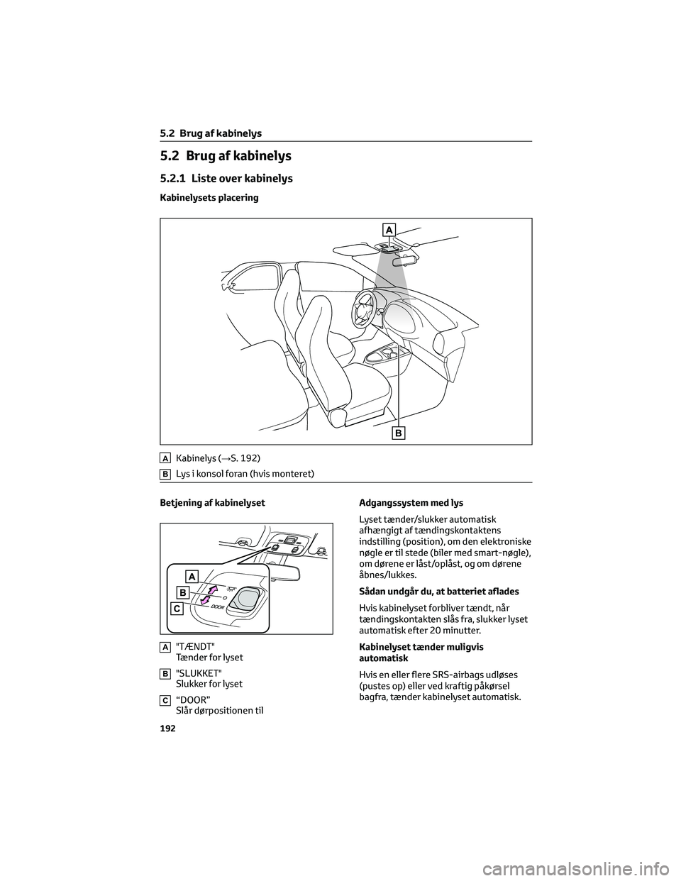 TOYOTA AYGO X 2022 Brugsanvisning (in Danish) 5.2 Brug af kabinelys
5.2.1 Liste over kabinelys
Kabinelysets placering
AKabinelys (→S. 192)
BLys i konsol foran (hvis monteret)
Betjening af kabinelyset
A"TÆNDT"
Tænder for lyset
B"SL TOYOTA AYGO X 2022 Brugsanvisning (in Danish) 5.2 Brug af kabinelys
5.2.1 Liste over kabinelys
Kabinelysets placering
AKabinelys (→S. 192)
BLys i konsol foran (hvis monteret)
Betjening af kabinelyset
A"TÆNDT"
Tænder for lyset
B"SL