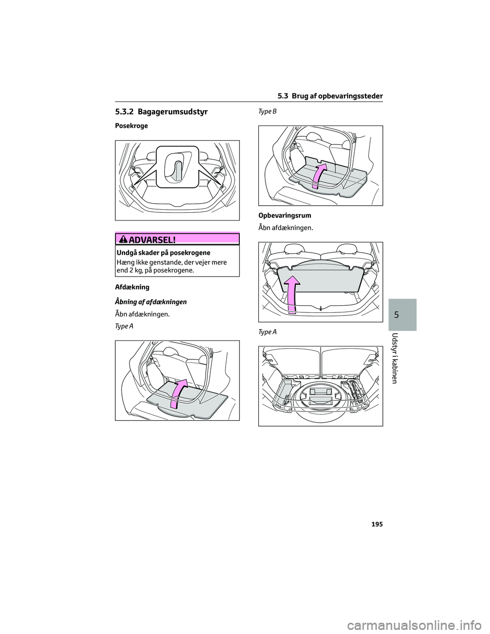 TOYOTA AYGO X 2022 Brugsanvisning (in Danish) 5.3.2 Bagagerumsudstyr
Posekroge
ADVARSEL!
Undgå skader på posekrogene
Hæng ikke genstande, der vejer mere
end 2 kg, på posekrogene.
Afdækning
Åbning af afdækningen
Åbn afdækningen.
Ty p e AT TOYOTA AYGO X 2022 Brugsanvisning (in Danish) 5.3.2 Bagagerumsudstyr
Posekroge
ADVARSEL!
Undgå skader på posekrogene
Hæng ikke genstande, der vejer mere
end 2 kg, på posekrogene.
Afdækning
Åbning af afdækningen
Åbn afdækningen.
Ty p e AT