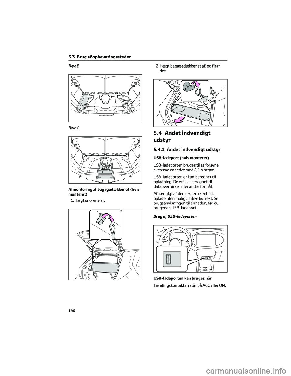 TOYOTA AYGO X 2022 Brugsanvisning (in Danish) Ty p e B
Ty p e C
Afmontering af bagagedækkenet (hvis
monteret)
1. Hægt snorene af.2. Hægt bagagedækkenet af, og fjern
det.
5.4 Andet indvendigt
udstyr
5.4.1 Andet indvendigt udstyr
USB-ladeport ( TOYOTA AYGO X 2022 Brugsanvisning (in Danish) Ty p e B
Ty p e C
Afmontering af bagagedækkenet (hvis
monteret)
1. Hægt snorene af.2. Hægt bagagedækkenet af, og fjern
det.
5.4 Andet indvendigt
udstyr
5.4.1 Andet indvendigt udstyr
USB-ladeport (