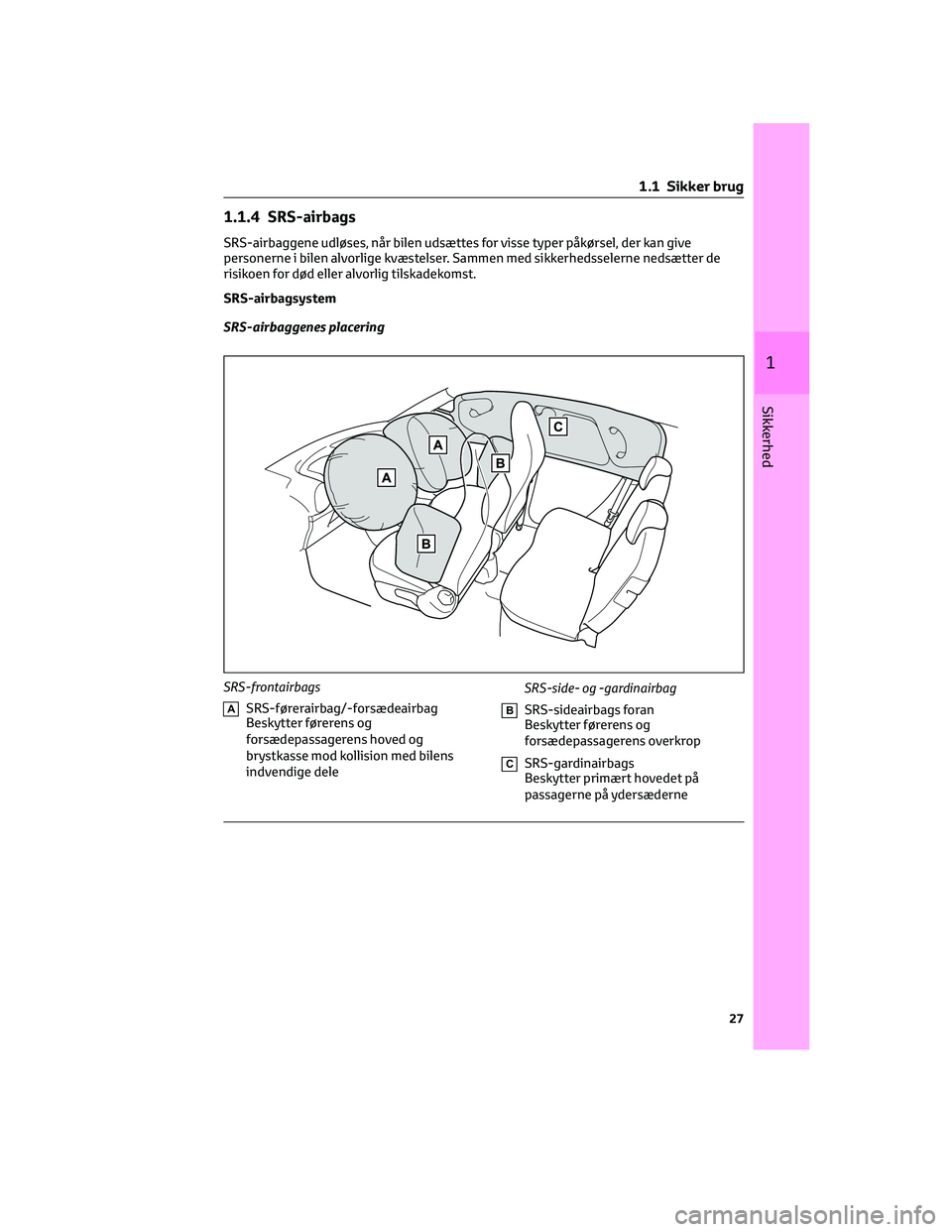 TOYOTA AYGO X 2022  Brugsanvisning (in Danish) 1.1.4 SRS-airbags
SRS-airbaggene udløses, når bilen udsættes for visse typer påkørsel, der kan give
personerne i bilen alvorlige kvæstelser. Sammen med sikkerhedsselerne nedsætter de
risikoen f