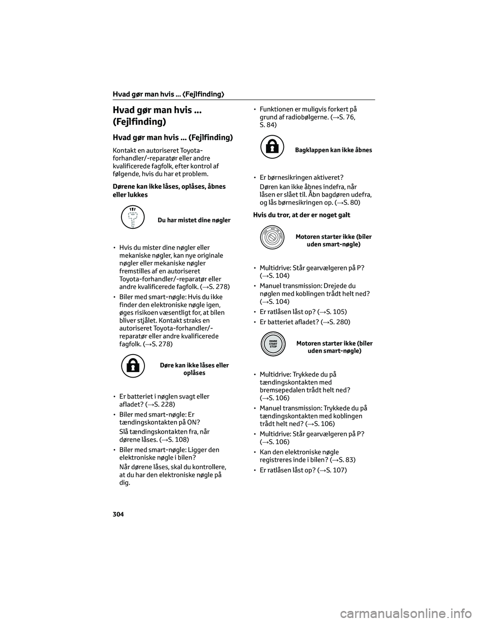 TOYOTA AYGO X 2022 Brugsanvisning (in Danish) Hvad gør man hvis ...
(Fejlfinding)
Hvad gør man hvis ... (Fejlfinding)
Kontakt en autoriseret Toyota-
forhandler/-reparatør eller andre
kvalificerede fagfolk, efter kontrol af
følgende, hvis du h TOYOTA AYGO X 2022 Brugsanvisning (in Danish) Hvad gør man hvis ...
(Fejlfinding)
Hvad gør man hvis ... (Fejlfinding)
Kontakt en autoriseret Toyota-
forhandler/-reparatør eller andre
kvalificerede fagfolk, efter kontrol af
følgende, hvis du h