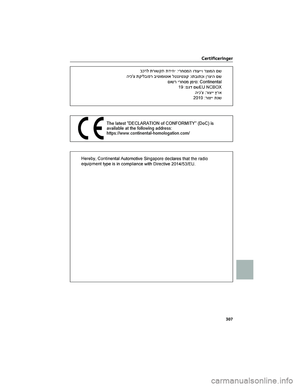 TOYOTA AYGO X 2022  Brugsanvisning (in Danish) Certificeringer
307 
