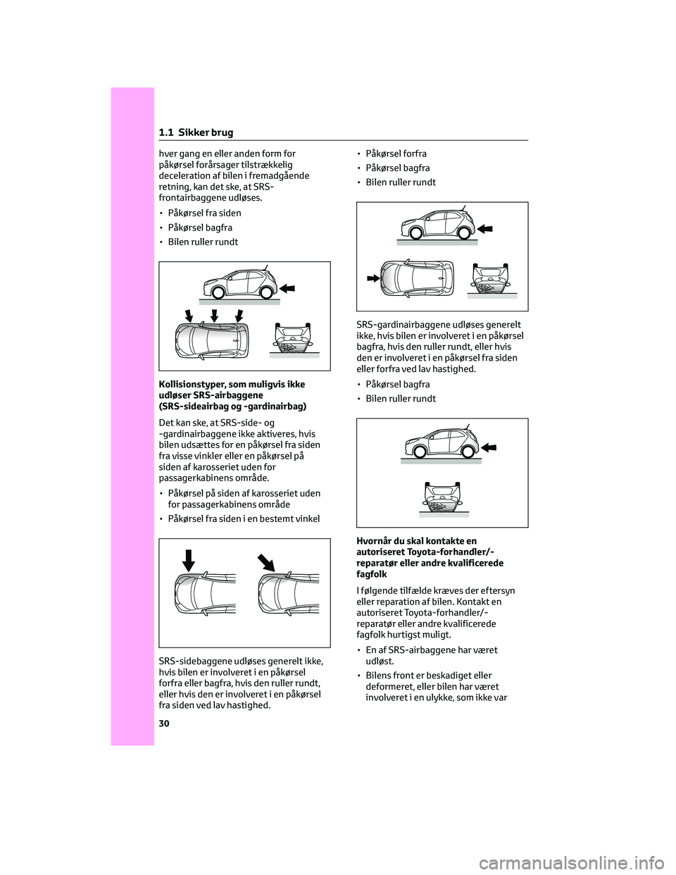 TOYOTA AYGO X 2022 Brugsanvisning (in Danish) hver gang en eller anden form for
påkørsel forårsager tilstrækkelig
deceleration af bilen i fremadgående
retning, kan det ske, at SRS-
frontairbaggene udløses.
• Påkørsel fra siden
• Påk TOYOTA AYGO X 2022 Brugsanvisning (in Danish) hver gang en eller anden form for
påkørsel forårsager tilstrækkelig
deceleration af bilen i fremadgående
retning, kan det ske, at SRS-
frontairbaggene udløses.
• Påkørsel fra siden
• Påk