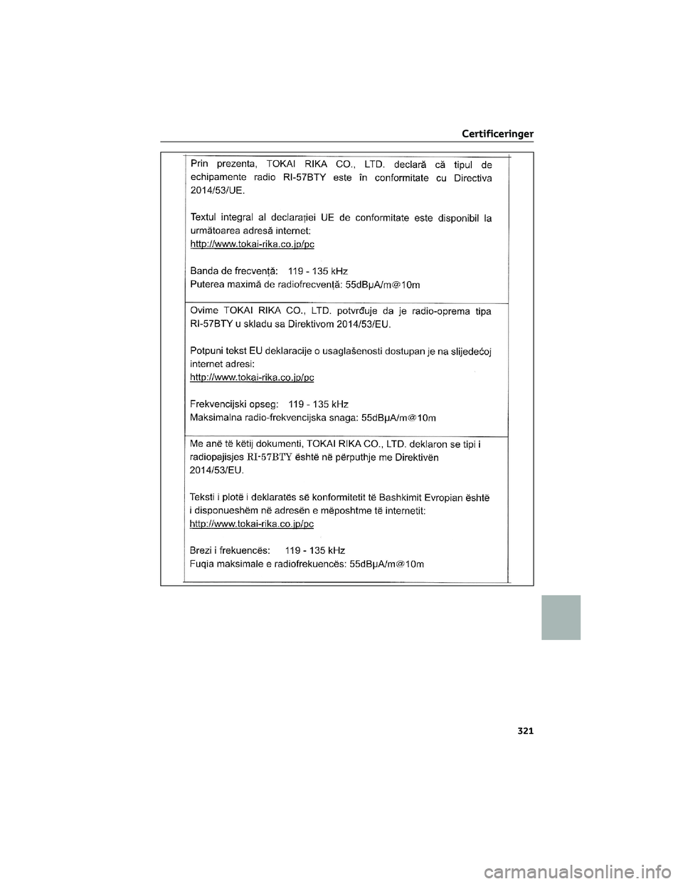 TOYOTA AYGO X 2022  Brugsanvisning (in Danish) Certificeringer
321 