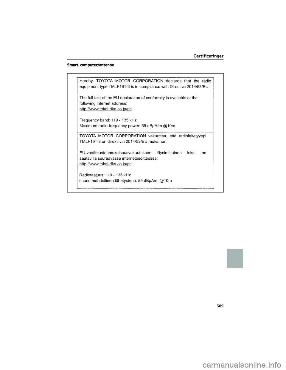 TOYOTA AYGO X 2022 Brugsanvisning (in Danish) Smart-computer/antenne
Certificeringer
389 TOYOTA AYGO X 2022 Brugsanvisning (in Danish) Smart-computer/antenne
Certificeringer
389