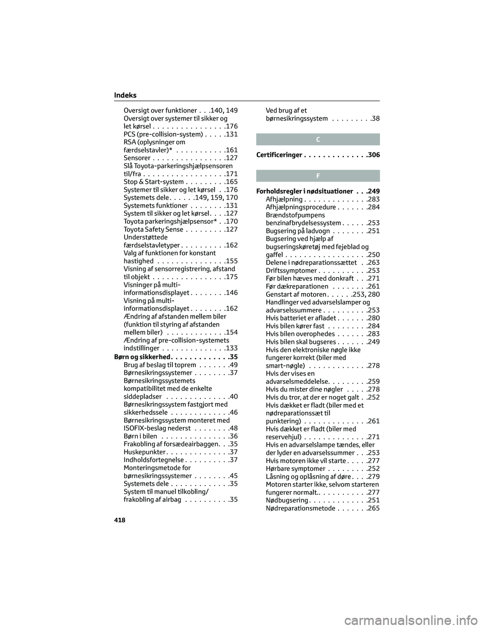 TOYOTA AYGO X 2022 Brugsanvisning (in Danish) Oversigt over funktioner . . .140,149
Oversigt over systemer til sikker og
let kørsel................176
PCS (pre-collision-system).....131
RSA (oplysninger om
færdselstavler)*...........161
Sensore TOYOTA AYGO X 2022 Brugsanvisning (in Danish) Oversigt over funktioner . . .140,149
Oversigt over systemer til sikker og
let kørsel................176
PCS (pre-collision-system).....131
RSA (oplysninger om
færdselstavler)*...........161
Sensore