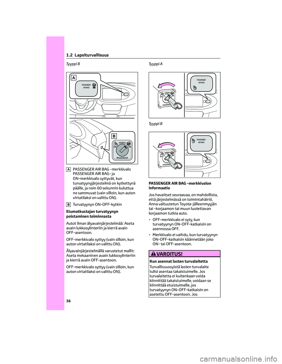 TOYOTA AYGO X 2022 Omistajan Käsikirja (in Finnish) Tyyppi B
APASSENGER AIR BAG -merkkivalo
PASSENGER AIR BAG- ja
ON-merkkivalo syttyvät, kun
turvatyynyjärjestelmä on kytkettynä
päälle, ja noin 60 sekunnin kuluttua
ne sammuvat (vain silloin, kun TOYOTA AYGO X 2022 Omistajan Käsikirja (in Finnish) Tyyppi B
APASSENGER AIR BAG -merkkivalo
PASSENGER AIR BAG- ja
ON-merkkivalo syttyvät, kun
turvatyynyjärjestelmä on kytkettynä
päälle, ja noin 60 sekunnin kuluttua
ne sammuvat (vain silloin, kun