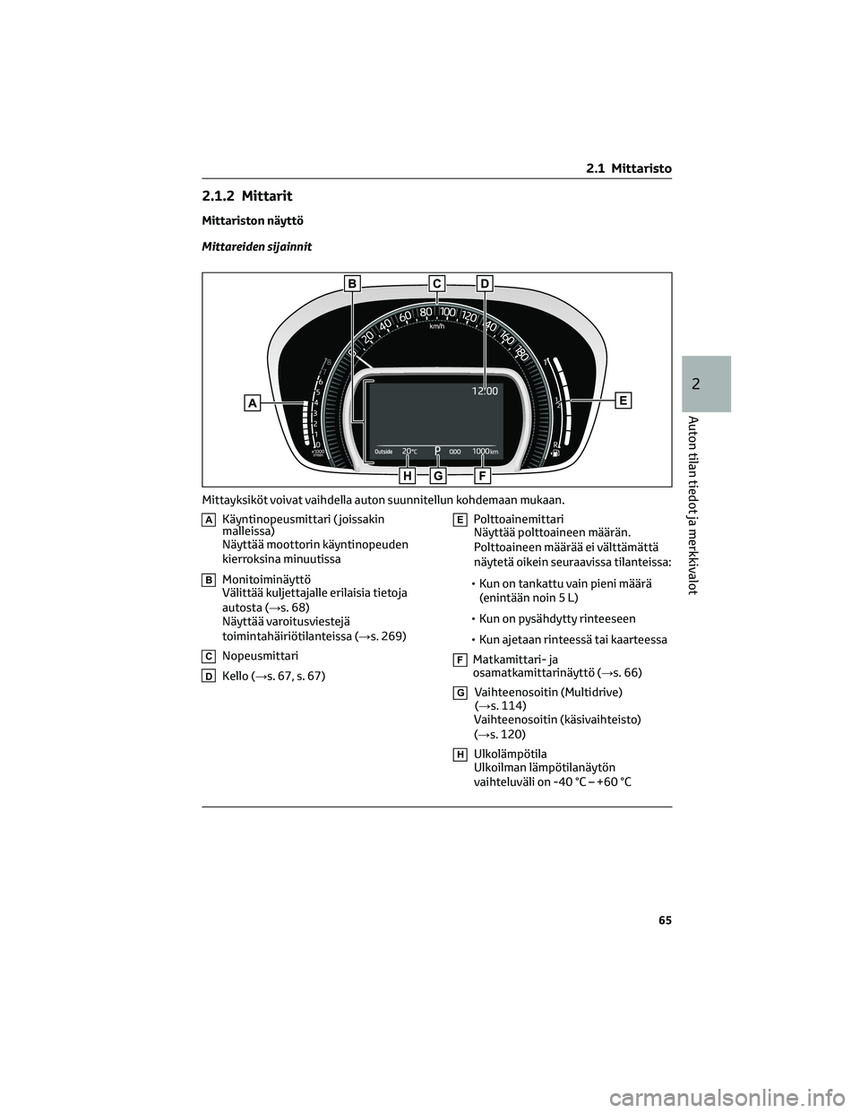 TOYOTA AYGO X 2022 Omistajan Käsikirja (in Finnish) 2.1.2 Mittarit
Mittariston näyttö
Mittareiden sijainnit
AKäyntinopeusmittari ( joissakin
malleissa)
Näyttää moottorin käyntinopeuden
kierroksina minuutissa
BMonitoiminäyttö
Välittää kuljet TOYOTA AYGO X 2022 Omistajan Käsikirja (in Finnish) 2.1.2 Mittarit
Mittariston näyttö
Mittareiden sijainnit
AKäyntinopeusmittari ( joissakin
malleissa)
Näyttää moottorin käyntinopeuden
kierroksina minuutissa
BMonitoiminäyttö
Välittää kuljet