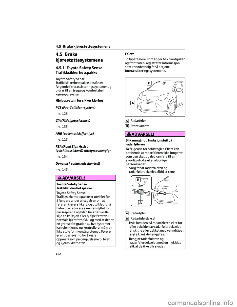 TOYOTA AYGO X 2022 Instruksjoner for bruk (in Norwegian) 4.5 Bruke
kjørestøttesystemene
4.5.1 Toyota Safety Sense
Trafikksikkerhetspakke
Toyota Safety Sense
Trafikksikkerhetspakke består av
følgende førerassisteringssystemer og
bidrar til en trygg og k TOYOTA AYGO X 2022 Instruksjoner for bruk (in Norwegian) 4.5 Bruke
kjørestøttesystemene
4.5.1 Toyota Safety Sense
Trafikksikkerhetspakke
Toyota Safety Sense
Trafikksikkerhetspakke består av
følgende førerassisteringssystemer og
bidrar til en trygg og k