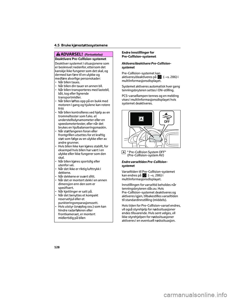 TOYOTA AYGO X 2022 Instruksjoner for bruk (in Norwegian) ADVARSEL!(Fortsettelse)
Deaktivere Pre-Collision-systemet
Deaktiver systemet i situasjonene som
er beskrevet nedenfor, ettersom det
kanskje ikke fungerer som det skal, og
dermed kan føre til en ulykk TOYOTA AYGO X 2022 Instruksjoner for bruk (in Norwegian) ADVARSEL!(Fortsettelse)
Deaktivere Pre-Collision-systemet
Deaktiver systemet i situasjonene som
er beskrevet nedenfor, ettersom det
kanskje ikke fungerer som det skal, og
dermed kan føre til en ulykk