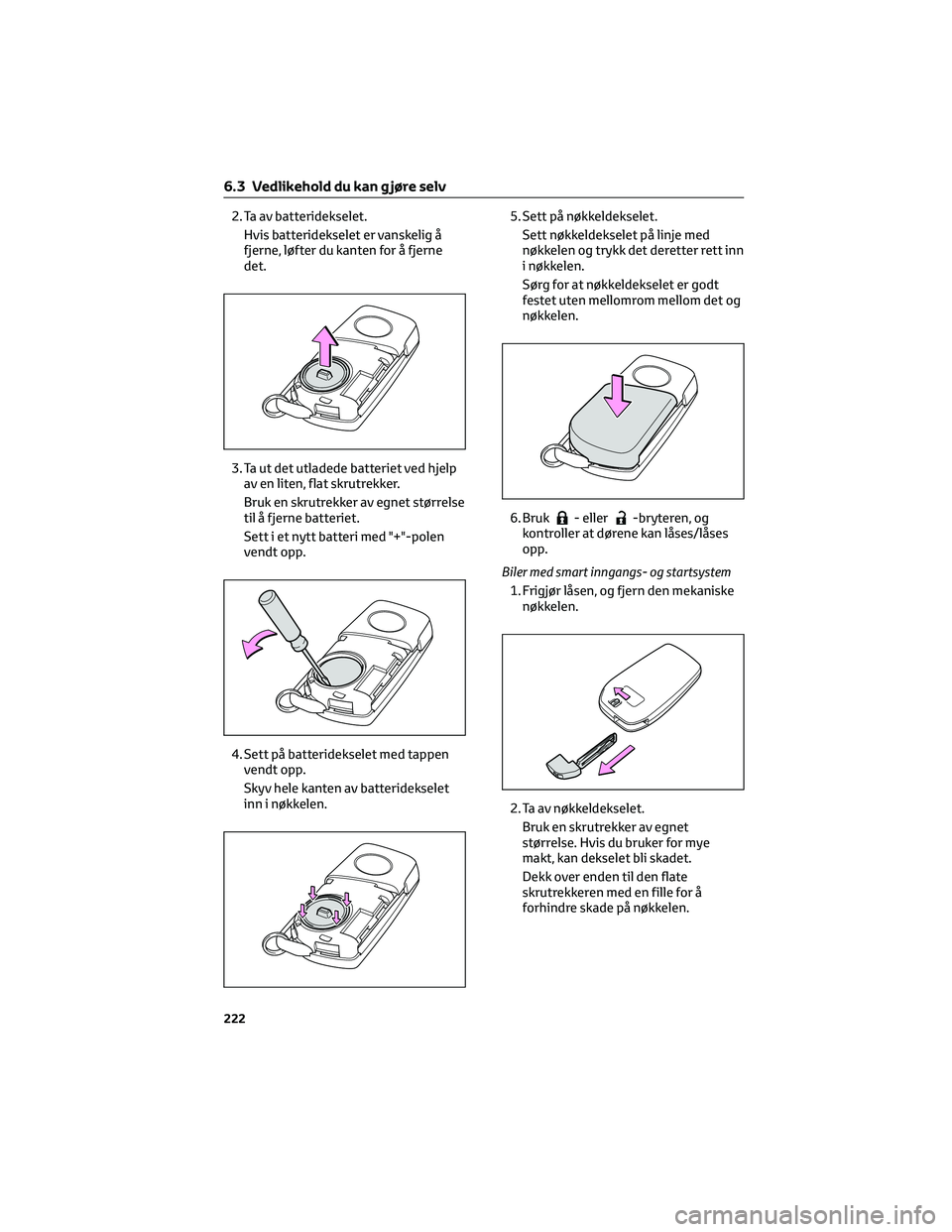 TOYOTA AYGO X 2022 Instruksjoner for bruk (in Norwegian) 2. Ta av batteridekselet.
Hvis batteridekselet er vanskelig å
fjerne, løfter du kanten for å fjerne
det.
3. Ta ut det utladede batteriet ved hjelp
av en liten, flat skrutrekker.
Bruk en skrutrekker TOYOTA AYGO X 2022 Instruksjoner for bruk (in Norwegian) 2. Ta av batteridekselet.
Hvis batteridekselet er vanskelig å
fjerne, løfter du kanten for å fjerne
det.
3. Ta ut det utladede batteriet ved hjelp
av en liten, flat skrutrekker.
Bruk en skrutrekker