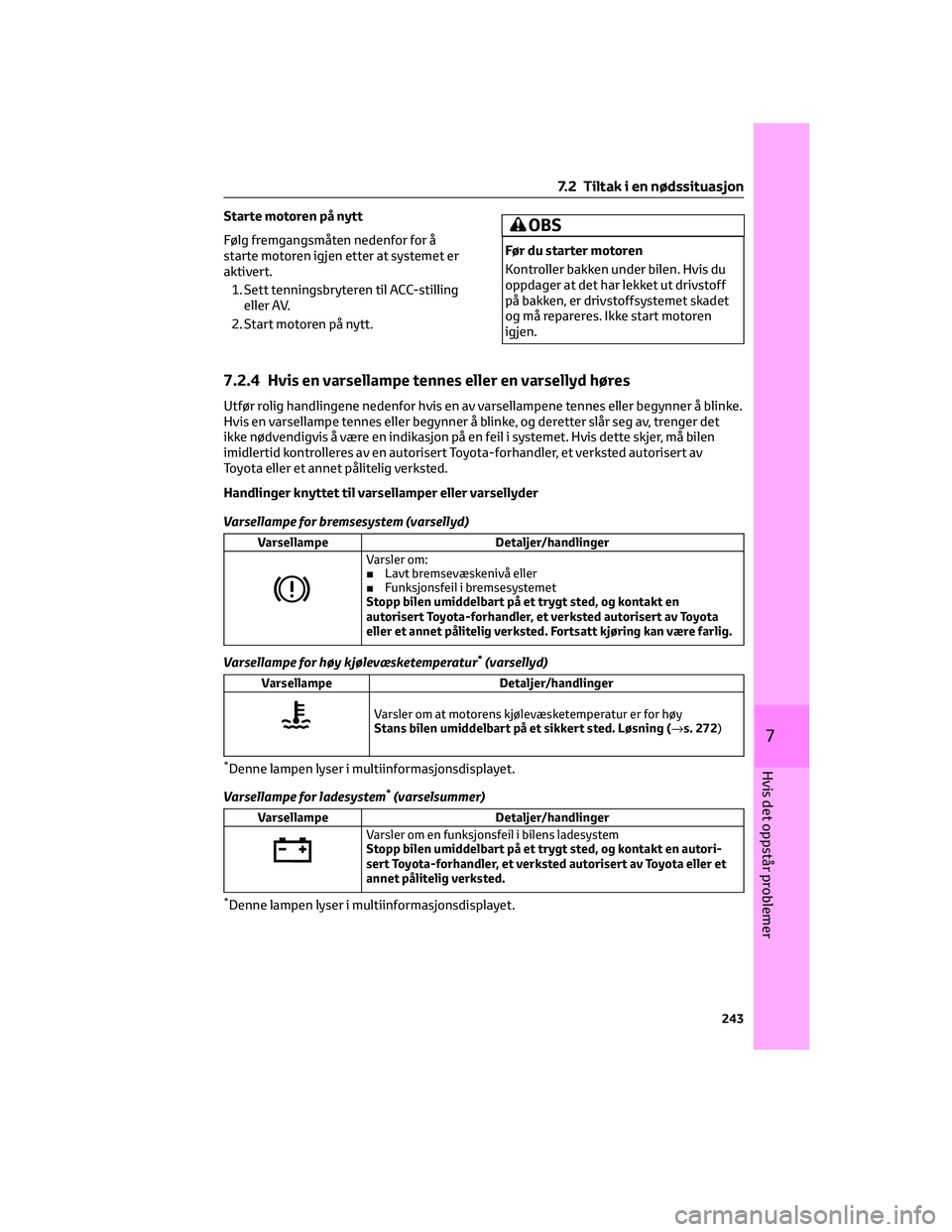 TOYOTA AYGO X 2022  Instruksjoner for bruk (in Norwegian) Starte motoren på nytt
Følg fremgangsmåten nedenfor for å
starte motoren igjen etter at systemet er
aktivert.
1. Sett tenningsbryteren til ACC-stilling
eller AV.
2. Start motoren på nytt.OBS
Før