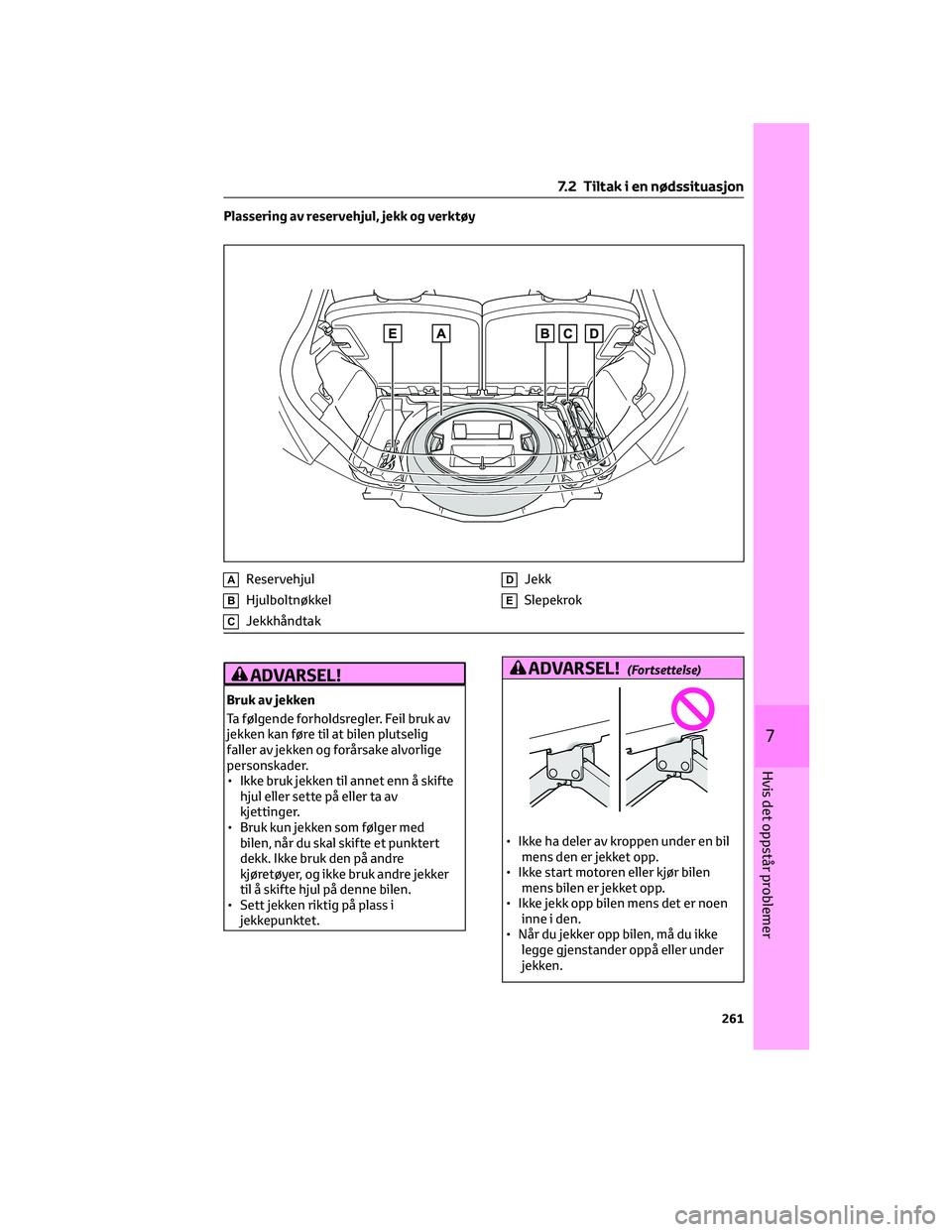 TOYOTA AYGO X 2022 Instruksjoner for bruk (in Norwegian) Plassering av reservehjul, jekk og verktøy
AReservehjul
BHjulboltnøkkel
CJekkhåndtak
DJekk
ESlepekrok
ADVARSEL!
Bruk av jekken
Ta følgende forholdsregler. Feil bruk av
jekken kan føre til at bile TOYOTA AYGO X 2022 Instruksjoner for bruk (in Norwegian) Plassering av reservehjul, jekk og verktøy
AReservehjul
BHjulboltnøkkel
CJekkhåndtak
DJekk
ESlepekrok
ADVARSEL!
Bruk av jekken
Ta følgende forholdsregler. Feil bruk av
jekken kan føre til at bile