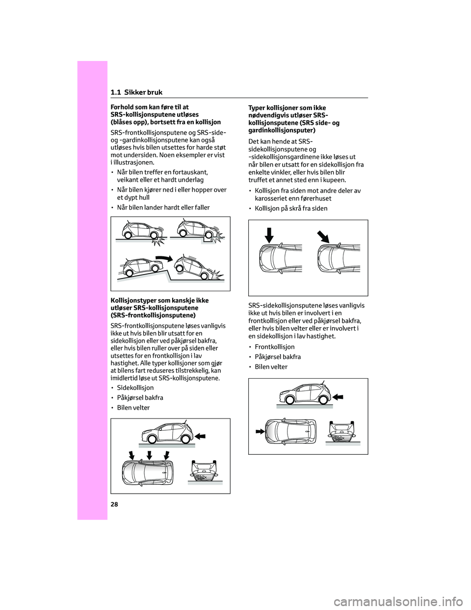 TOYOTA AYGO X 2022  Instruksjoner for bruk (in Norwegian) Forhold som kan føre til at
SRS-kollisjonsputene utløses
(blåses opp), bortsett fra en kollisjon
SRS-frontkollisjonsputene og SRS-side-
og -gardinkollisjonsputene kan også
utløses hvis bilen utse