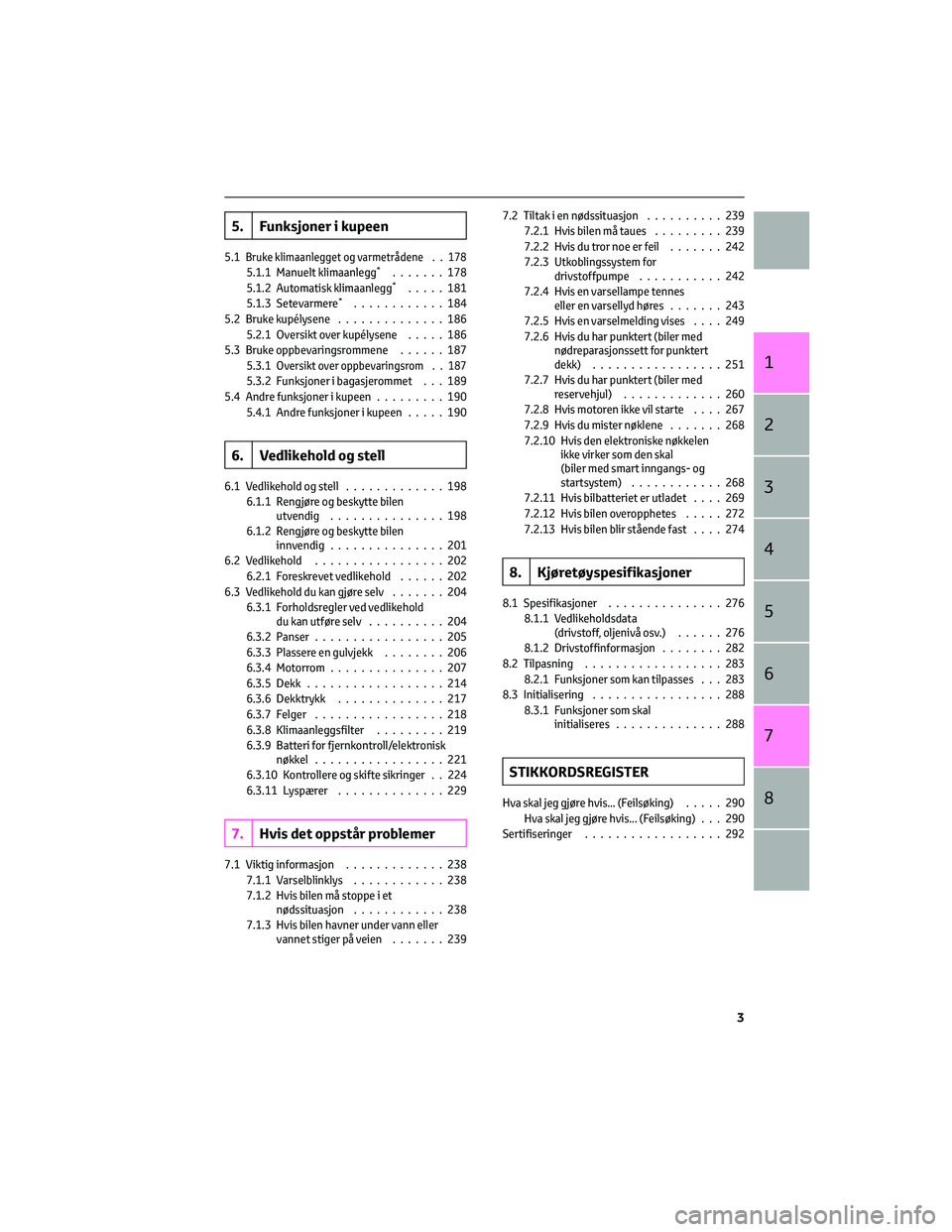 TOYOTA AYGO X 2022 Instruksjoner for bruk (in Norwegian) 5. Funksjoner i kupeen
5.1Bruke klimaanlegget og varmetrådene . . 1785.1.1 Manuelt klimaanlegg*.......178
5.1.2 Automatisk klimaanlegg*.....181
5.1.3 Setevarmere*............184
5.2 Bruke kupélysene TOYOTA AYGO X 2022 Instruksjoner for bruk (in Norwegian) 5. Funksjoner i kupeen
5.1Bruke klimaanlegget og varmetrådene . . 1785.1.1 Manuelt klimaanlegg*.......178
5.1.2 Automatisk klimaanlegg*.....181
5.1.3 Setevarmere*............184
5.2 Bruke kupélysene