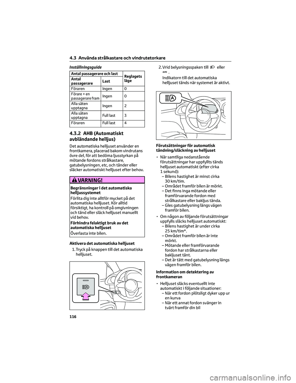 TOYOTA AYGO X 2022 Bruksanvisningar (in Swedish) Inställningsguide
Antal passagerare och last
Reglagets
läge Antal
passagerareLast
Föraren Ingen 0
Förare + en
passagerare framIngen 0
Alla säten
upptagnaIngen 2
Alla säten
upptagnaFull last 3
F TOYOTA AYGO X 2022 Bruksanvisningar (in Swedish) Inställningsguide
Antal passagerare och last
Reglagets
läge Antal
passagerareLast
Föraren Ingen 0
Förare + en
passagerare framIngen 0
Alla säten
upptagnaIngen 2
Alla säten
upptagnaFull last 3
F