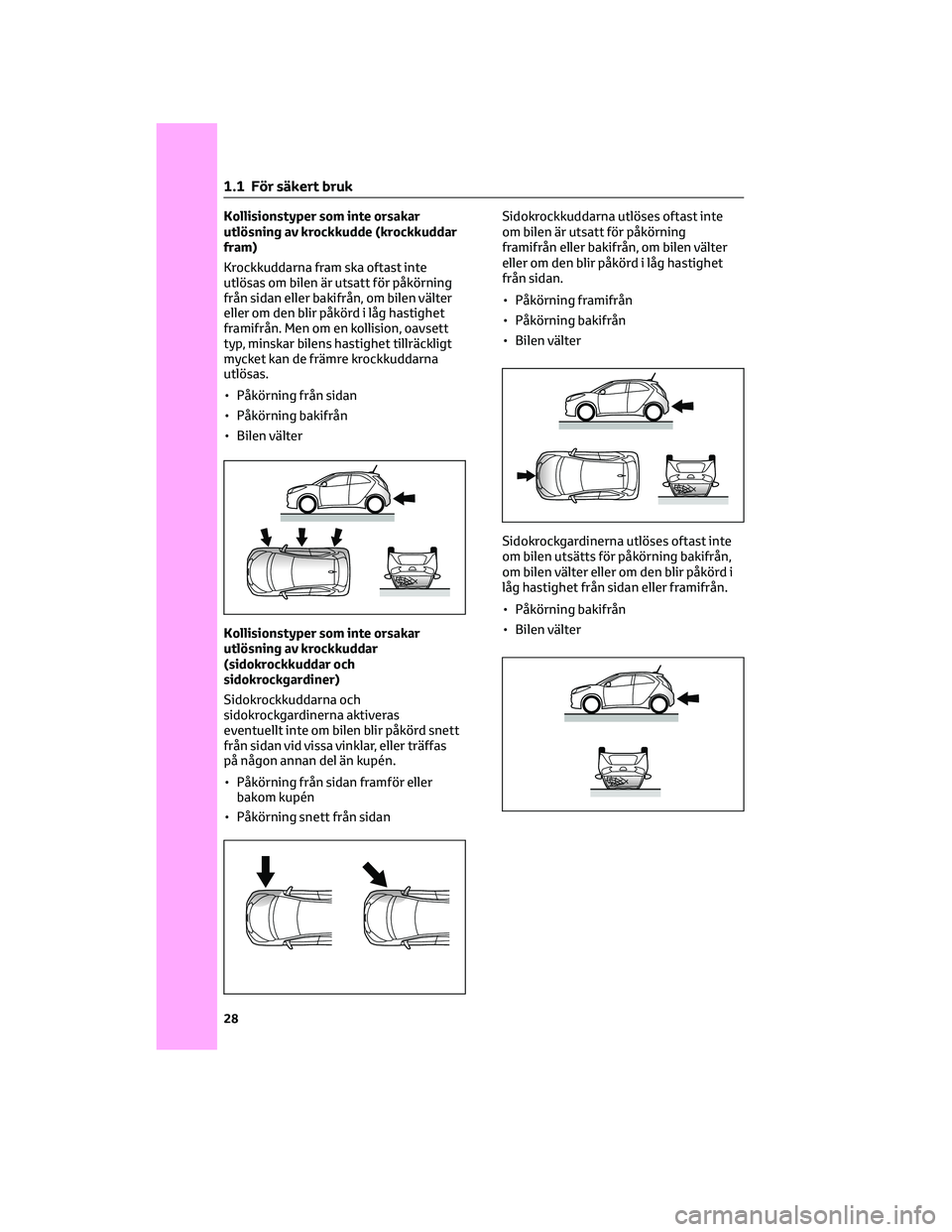 TOYOTA AYGO X 2022 Bruksanvisningar (in Swedish) Kollisionstyper som inte orsakar
utlösning av krockkudde (krockkuddar
fram)
Krockkuddarna fram ska oftast inte
utlösas om bilen är utsatt för påkörning
från sidan eller bakifrån, om bilen väl TOYOTA AYGO X 2022 Bruksanvisningar (in Swedish) Kollisionstyper som inte orsakar
utlösning av krockkudde (krockkuddar
fram)
Krockkuddarna fram ska oftast inte
utlösas om bilen är utsatt för påkörning
från sidan eller bakifrån, om bilen väl