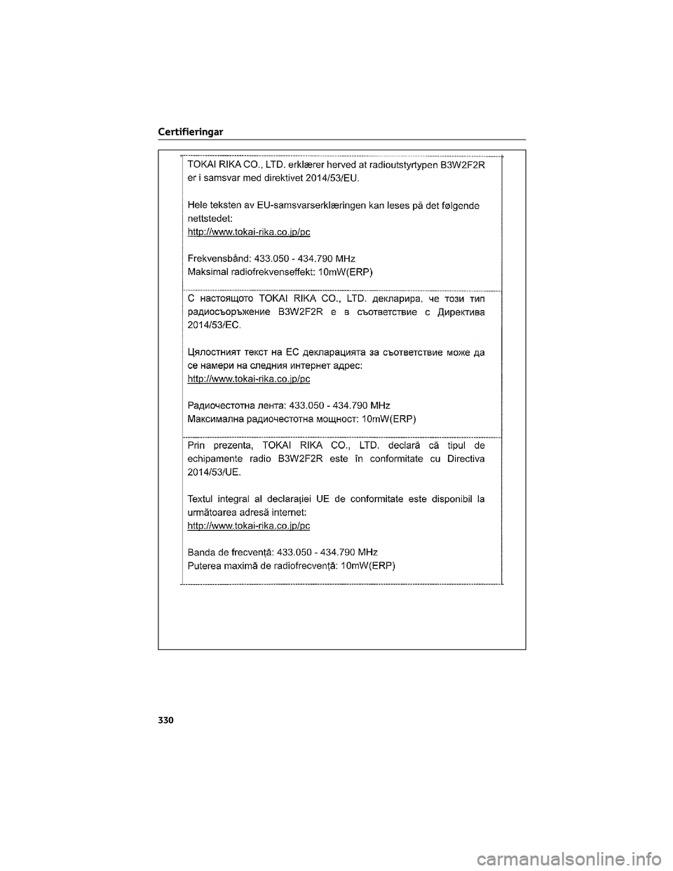 TOYOTA AYGO X 2022  Bruksanvisningar (in Swedish) Certifieringar
330  TOYOTA AYGO X 2022  Bruksanvisningar (in Swedish) Certifieringar
330