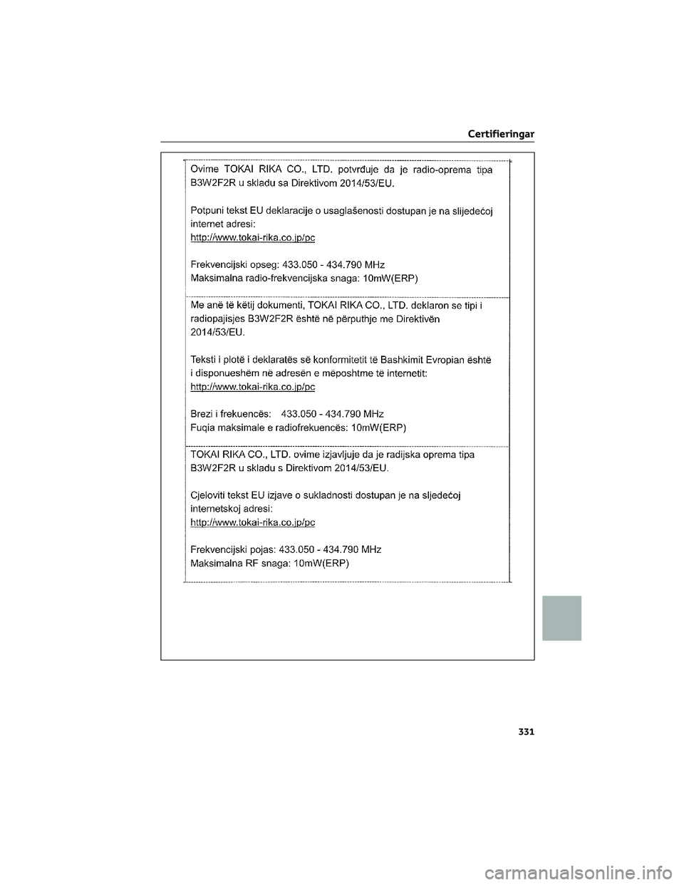 TOYOTA AYGO X 2022  Bruksanvisningar (in Swedish) Certifieringar
331  TOYOTA AYGO X 2022  Bruksanvisningar (in Swedish) Certifieringar
331