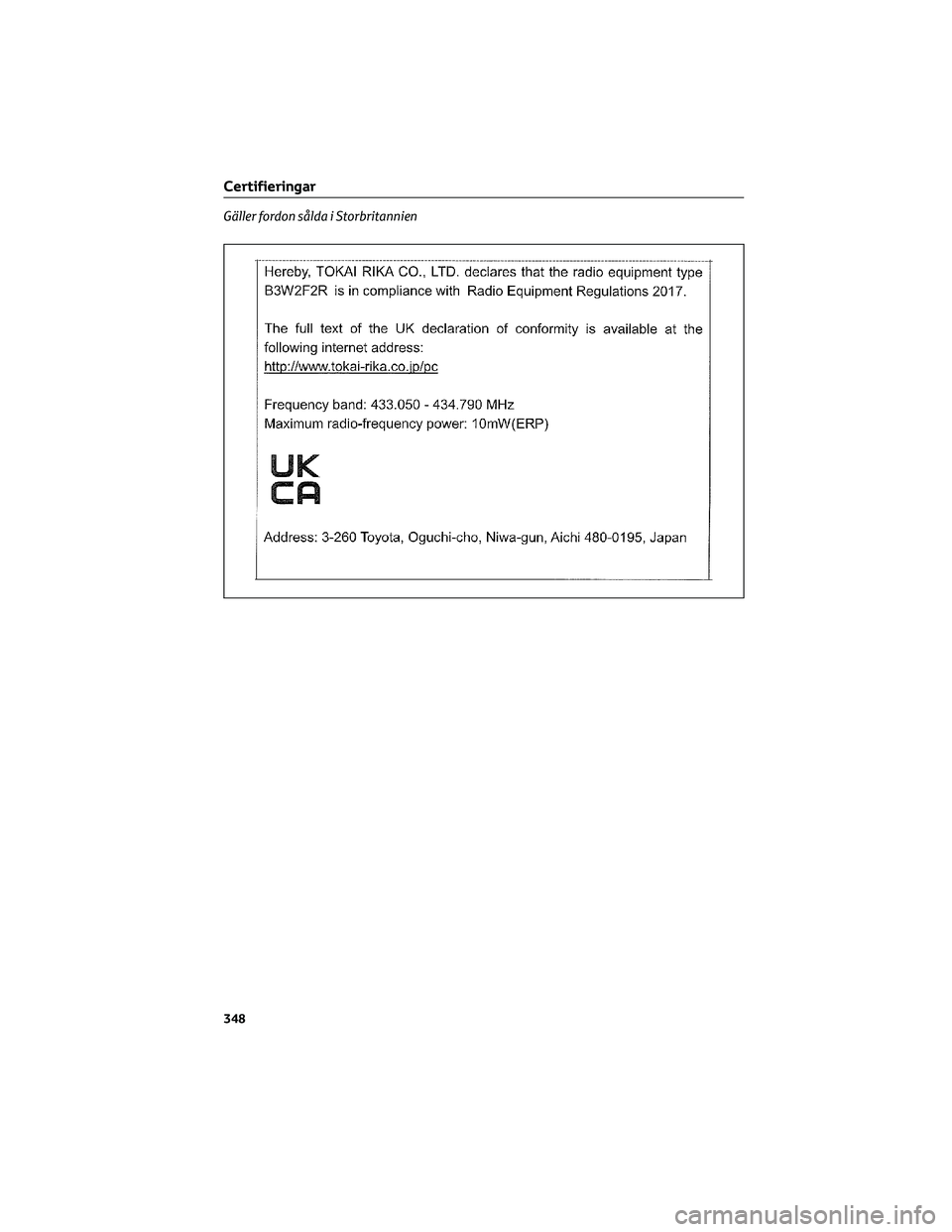 TOYOTA AYGO X 2022  Bruksanvisningar (in Swedish) Gäller fordon sålda i Storbritannien
Certifieringar
348  TOYOTA AYGO X 2022  Bruksanvisningar (in Swedish) Gäller fordon sålda i Storbritannien
Certifieringar
348