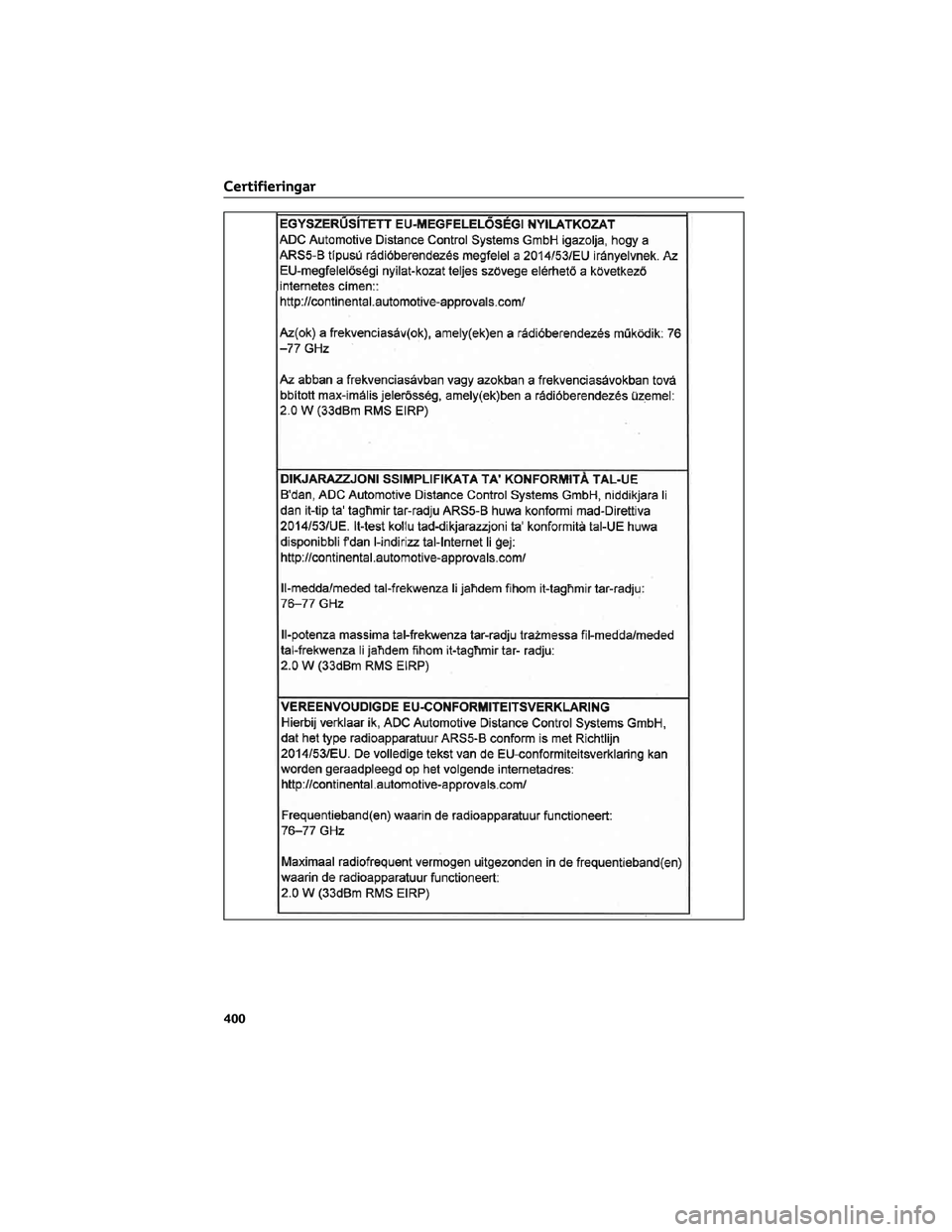 TOYOTA AYGO X 2022  Bruksanvisningar (in Swedish) Certifieringar
400 