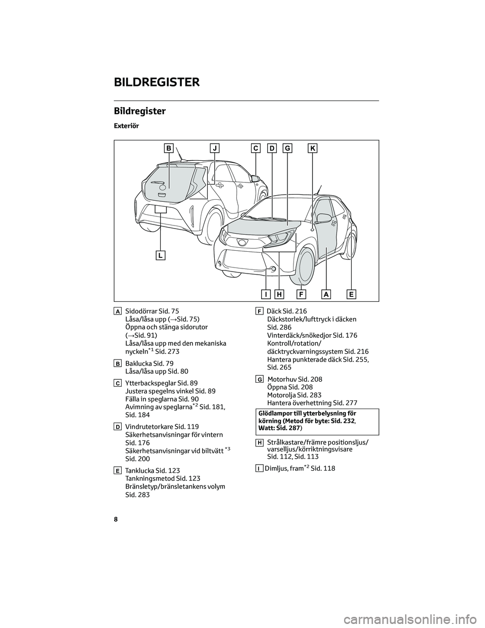 TOYOTA AYGO X 2022 Bruksanvisningar (in Swedish) Bildregister
Exteriör
ASidodörrar Sid. 75
Låsa/låsa upp (→Sid. 75)
Öppna och stänga sidorutor
(→Sid. 91)
Låsa/låsa upp med den mekaniska
nyckeln
*1Sid. 273
BBaklucka Sid. 79
Låsa/låsa up TOYOTA AYGO X 2022 Bruksanvisningar (in Swedish) Bildregister
Exteriör
ASidodörrar Sid. 75
Låsa/låsa upp (→Sid. 75)
Öppna och stänga sidorutor
(→Sid. 91)
Låsa/låsa upp med den mekaniska
nyckeln
*1Sid. 273
BBaklucka Sid. 79
Låsa/låsa up