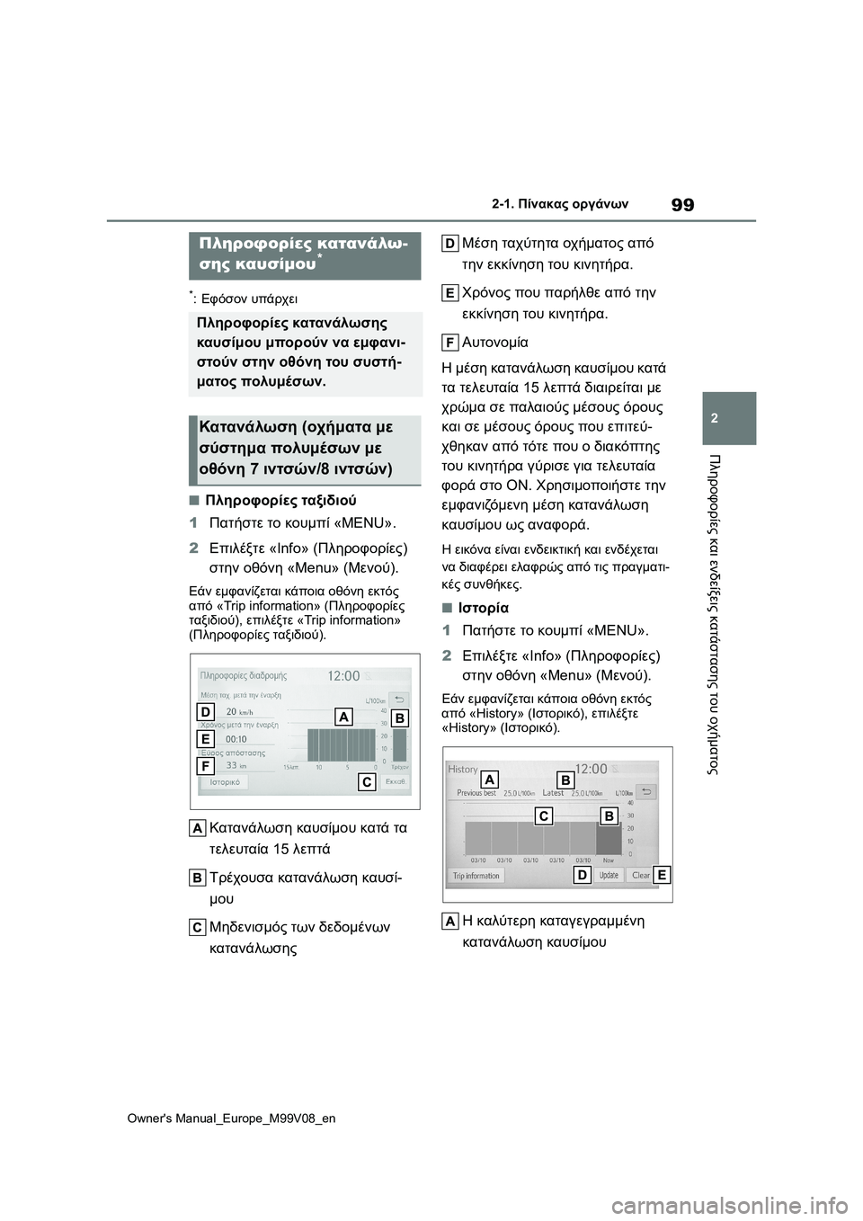 TOYOTA AYGO X 2022  ΟΔΗΓΌΣ ΧΡΉΣΗΣ (in Greek) 99
2
Owners Manual_Europe_M99V08_en
2-1. Πίνακας οργάνων
Πληροφορίες και ενδείξεις κατάστασης του οχήματος
*:Εφόσον υπάρχει
■ TOYOTA AYGO X 2022  ΟΔΗΓΌΣ ΧΡΉΣΗΣ (in Greek) 99
2
Owners Manual_Europe_M99V08_en
2-1. Πίνακας οργάνων
Πληροφορίες και ενδείξεις κατάστασης του οχήματος
*:Εφόσον υπάρχει
■