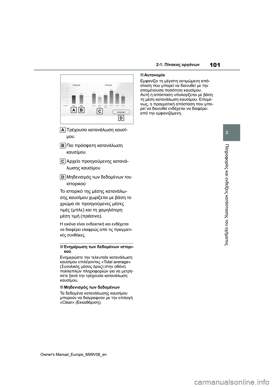 TOYOTA AYGO X 2022  ΟΔΗΓΌΣ ΧΡΉΣΗΣ (in Greek) 101
2
Owners Manual_Europe_M99V08_en
2-1. Πίνακας οργάνων
Πληροφορίες και ενδείξεις κατάστασης του οχήματος
Τρέχουσα κατανάλω TOYOTA AYGO X 2022  ΟΔΗΓΌΣ ΧΡΉΣΗΣ (in Greek) 101
2
Owners Manual_Europe_M99V08_en
2-1. Πίνακας οργάνων
Πληροφορίες και ενδείξεις κατάστασης του οχήματος
Τρέχουσα κατανάλω