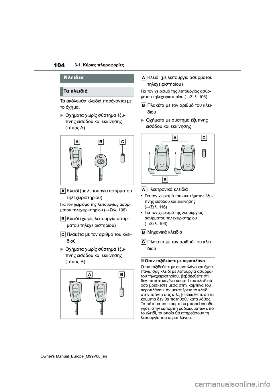 TOYOTA AYGO X 2022  ΟΔΗΓΌΣ ΧΡΉΣΗΣ (in Greek) 104
Owners Manual_Europe_M99V08_en
3-1. Κύριες πληροφορίες
3-1.Κύριες πληροφορίες
Τα ακόλουθα κλειδιά παρέχονται με 
το όχημα.
 TOYOTA AYGO X 2022  ΟΔΗΓΌΣ ΧΡΉΣΗΣ (in Greek) 104
Owners Manual_Europe_M99V08_en
3-1. Κύριες πληροφορίες
3-1.Κύριες πληροφορίες
Τα ακόλουθα κλειδιά παρέχονται με 
το όχημα.