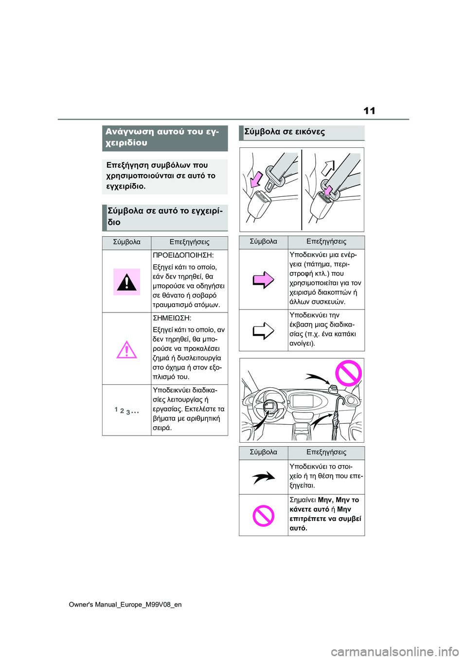 TOYOTA AYGO X 2022 ΟΔΗΓΌΣ ΧΡΉΣΗΣ (in Greek) 11
Owners Manual_Europe_M99V08_en
Ανάγνωση αυτού του εγ-
χειριδίου
Επεξήγηση συμβόλων που
χρησιμοποιούνται σε αυτό το
εγχε TOYOTA AYGO X 2022 ΟΔΗΓΌΣ ΧΡΉΣΗΣ (in Greek) 11
Owners Manual_Europe_M99V08_en
Ανάγνωση αυτού του εγ-
χειριδίου
Επεξήγηση συμβόλων που
χρησιμοποιούνται σε αυτό το
εγχε