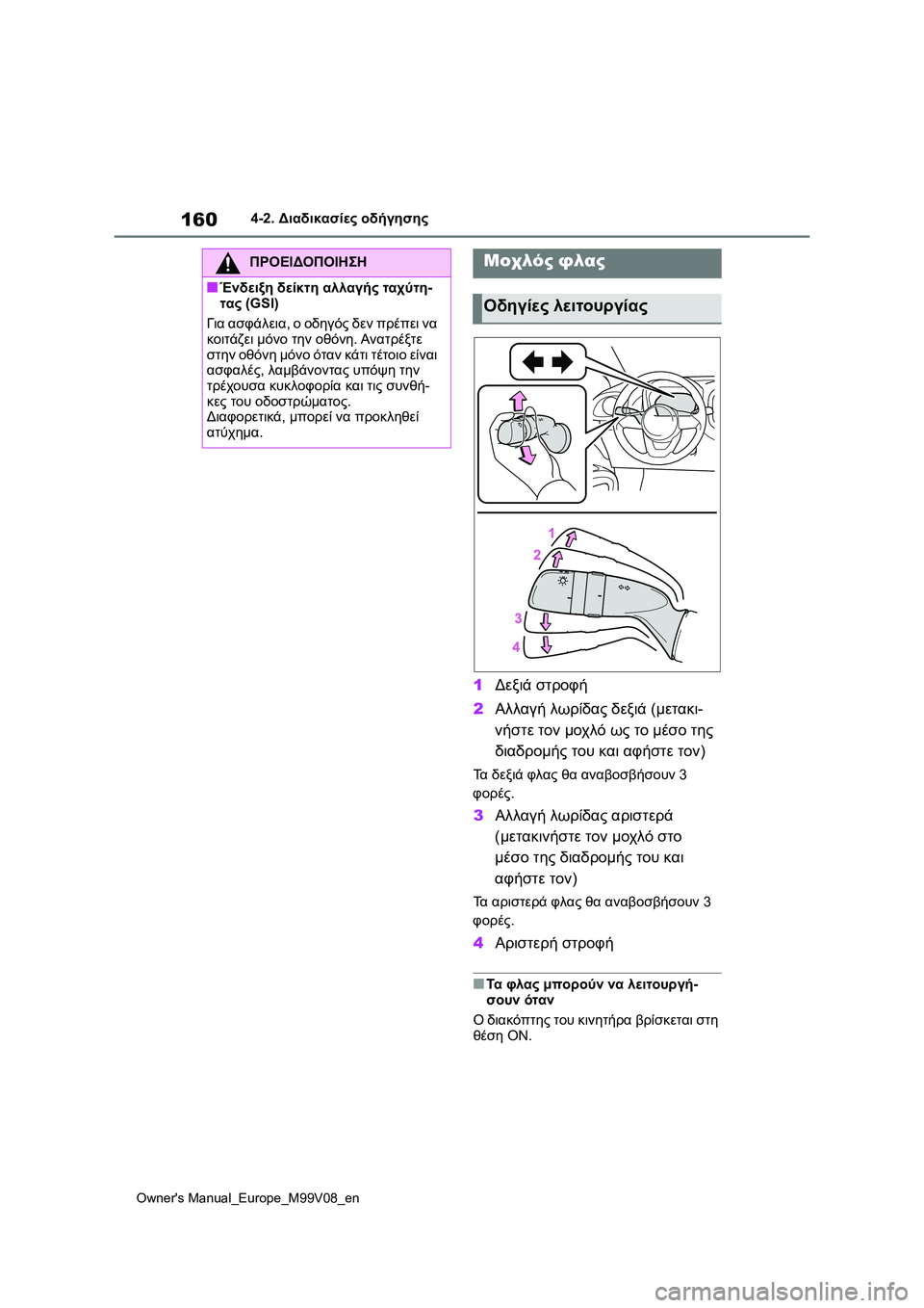 TOYOTA AYGO X 2022 ΟΔΗΓΌΣ ΧΡΉΣΗΣ (in Greek) 160
Owners Manual_Europe_M99V08_en
4-2. Διαδικασίες οδήγησης
1Δεξιά στροφή
2Αλλαγή λωρίδας δεξιά (μετακι-
νήστε τον μοχλό ως το TOYOTA AYGO X 2022 ΟΔΗΓΌΣ ΧΡΉΣΗΣ (in Greek) 160
Owners Manual_Europe_M99V08_en
4-2. Διαδικασίες οδήγησης
1Δεξιά στροφή
2Αλλαγή λωρίδας δεξιά (μετακι-
νήστε τον μοχλό ως το