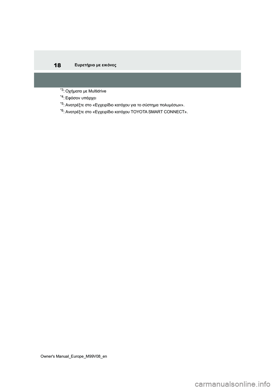 TOYOTA AYGO X 2022 ΟΔΗΓΌΣ ΧΡΉΣΗΣ (in Greek) 18
Owners Manual_Europe_M99V08_en
Ευρετήριο με εικόνες
*3:Οχήματα με Multidrive
*4:Εφόσον υπάρχει
*5:Ανατρέξτε στο «Εγχειρίδιο κατό TOYOTA AYGO X 2022 ΟΔΗΓΌΣ ΧΡΉΣΗΣ (in Greek) 18
Owners Manual_Europe_M99V08_en
Ευρετήριο με εικόνες
*3:Οχήματα με Multidrive
*4:Εφόσον υπάρχει
*5:Ανατρέξτε στο «Εγχειρίδιο κατό