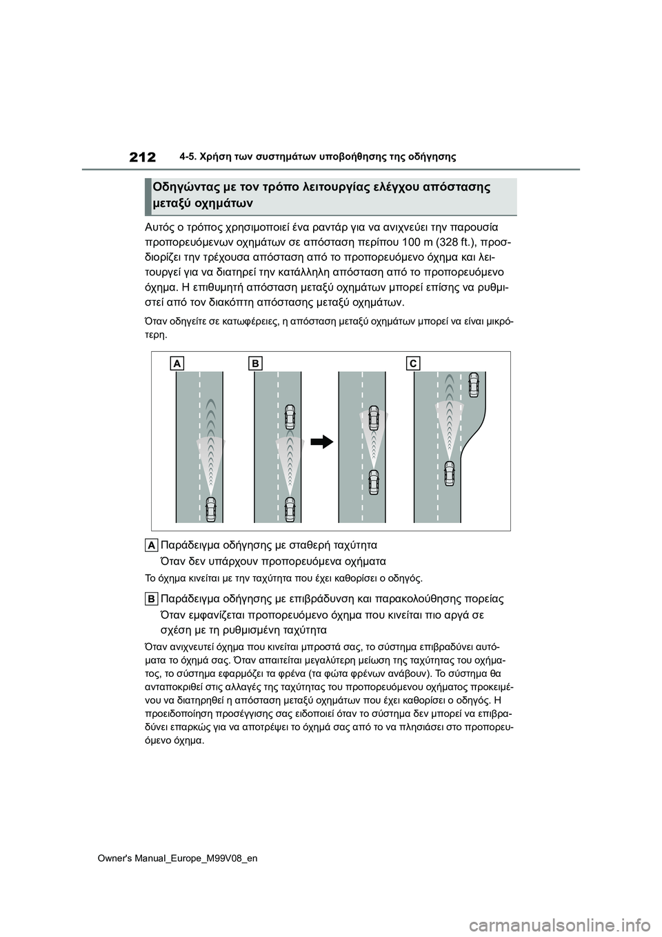 TOYOTA AYGO X 2022  ΟΔΗΓΌΣ ΧΡΉΣΗΣ (in Greek) 212
Owners Manual_Europe_M99V08_en
4-5. Χρήση των συστημάτων υποβοήθησης της οδήγησης
Αυτός ο τρόπος χρησιμοποιεί ένα ραντάρ �