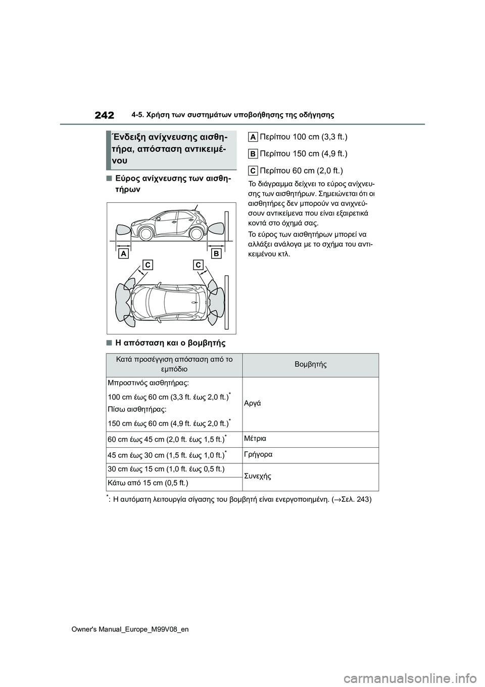 TOYOTA AYGO X 2022  ΟΔΗΓΌΣ ΧΡΉΣΗΣ (in Greek) 242
Owners Manual_Europe_M99V08_en
4-5. Χρήση των συστημάτων υποβοήθησης της οδήγησης
■Εύρος ανίχνευσης των αισθη-
τήρωνΠερί