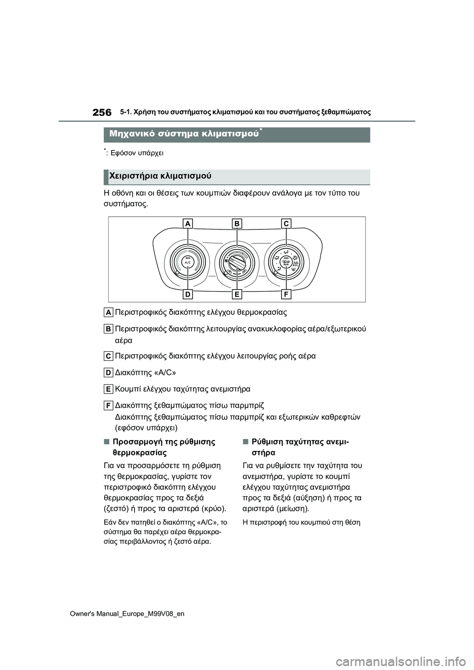 TOYOTA AYGO X 2022  ΟΔΗΓΌΣ ΧΡΉΣΗΣ (in Greek) 256
Owners Manual_Europe_M99V08_en
5-1. Χρήση του συστήματος κλιματισμού και του συστήματος ξεθαμπώματος
5-1.Χρήση του συστήμα