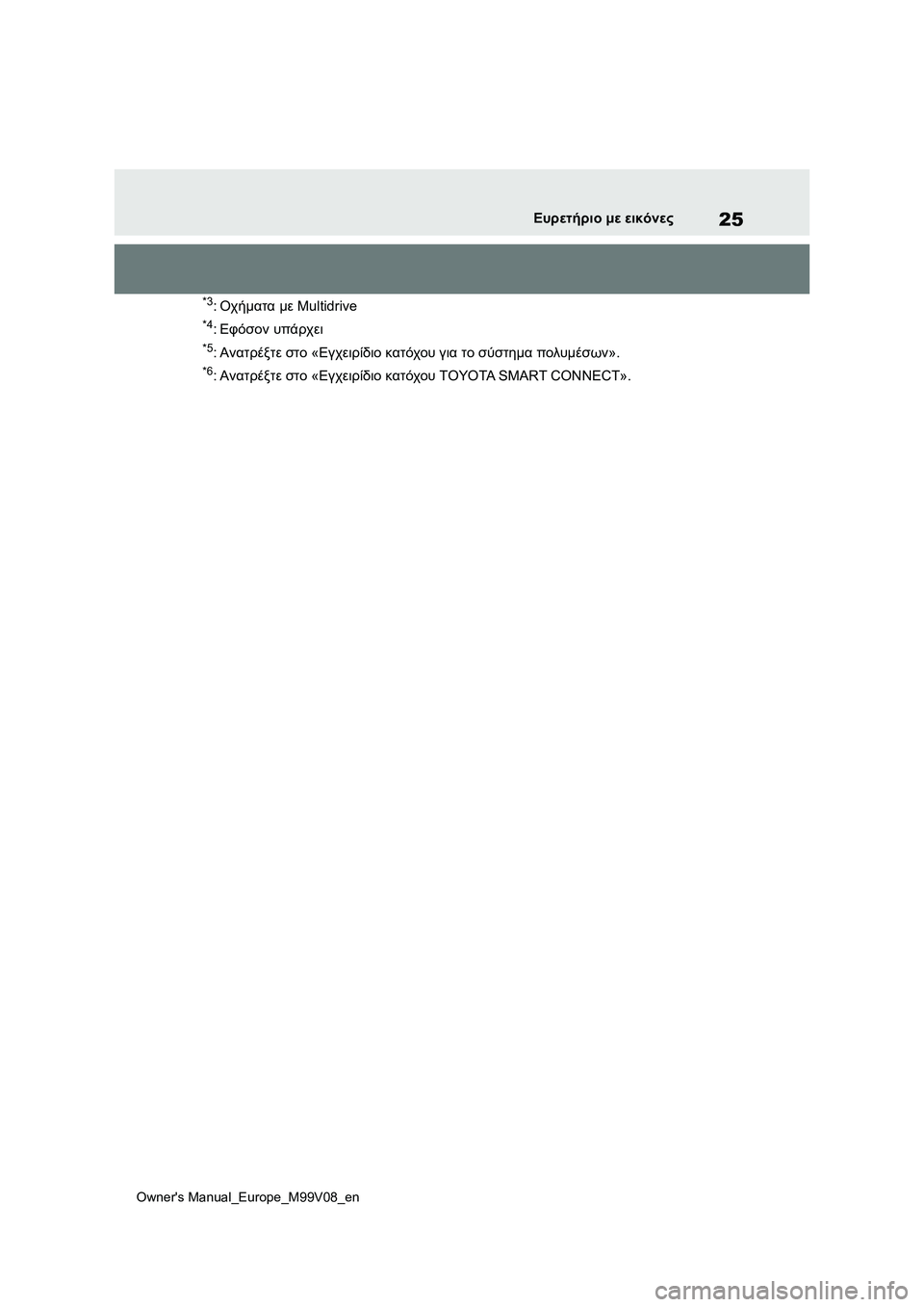 TOYOTA AYGO X 2022 ΟΔΗΓΌΣ ΧΡΉΣΗΣ (in Greek) 25
Owners Manual_Europe_M99V08_en
Ευρετήριο με εικόνες
*3:Οχήματα με Multidrive
*4:Εφόσον υπάρχει
*5:Ανατρέξτε στο «Εγχειρίδιο κατό TOYOTA AYGO X 2022 ΟΔΗΓΌΣ ΧΡΉΣΗΣ (in Greek) 25
Owners Manual_Europe_M99V08_en
Ευρετήριο με εικόνες
*3:Οχήματα με Multidrive
*4:Εφόσον υπάρχει
*5:Ανατρέξτε στο «Εγχειρίδιο κατό
