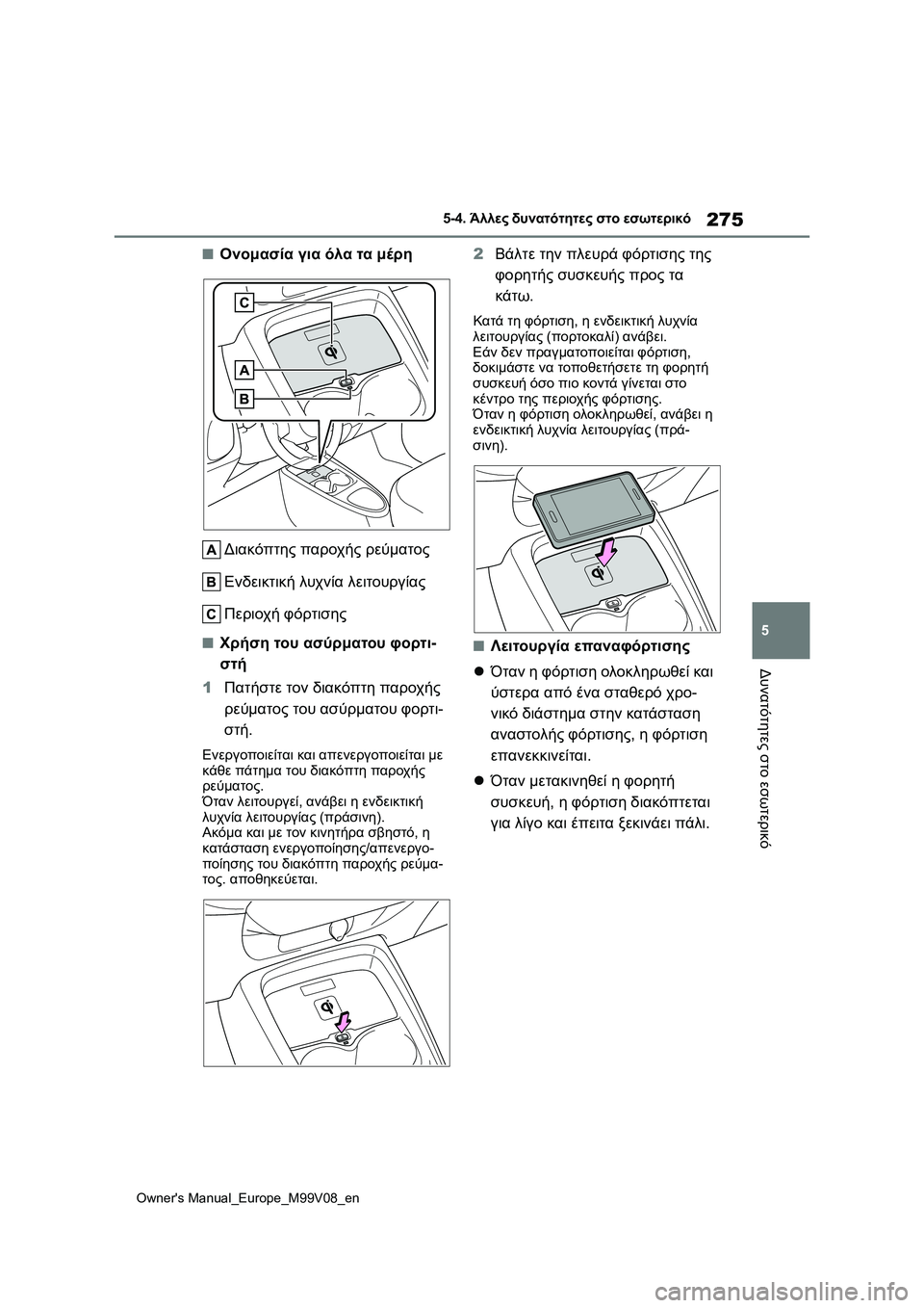 TOYOTA AYGO X 2022  ΟΔΗΓΌΣ ΧΡΉΣΗΣ (in Greek) 275
5
Owners Manual_Europe_M99V08_en
5-4. Άλλες δυνατότητες στο εσωτερικό
Δυνατότητες στο εσωτερικό
■Ονομασία για όλα τα μέρη
